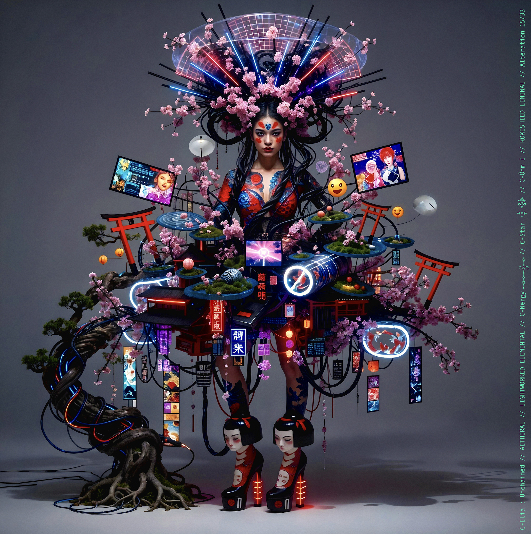 Surreal haute meta couture NFT silhouette from C-Elia: Unchained, Kokeshied Liminal, a fusion of Kyoto serenity and Shibuya light embodied in a living digital shrine.