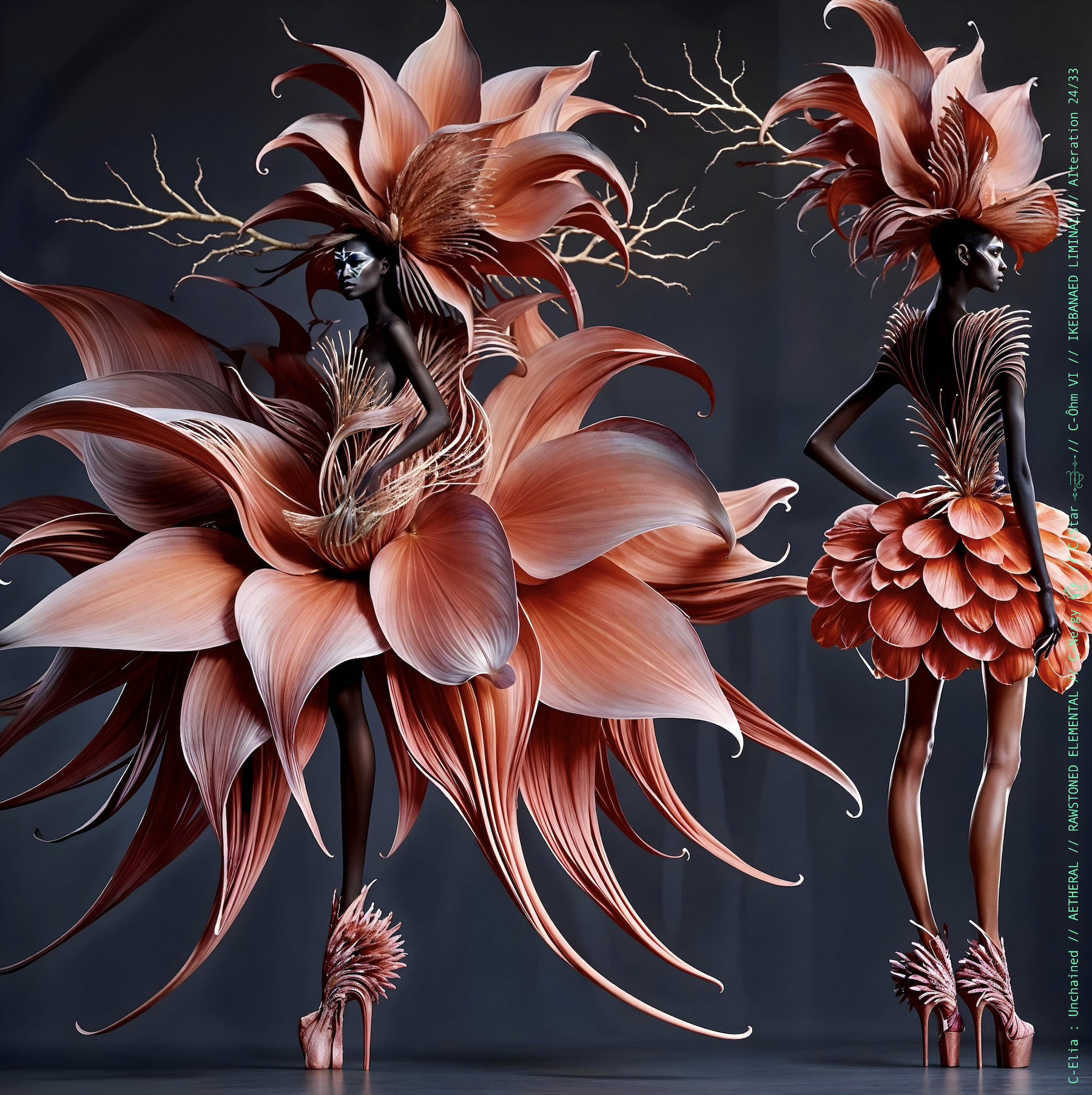 Surreal haute meta couture NFT silhouette from C-Elia: Unchained, Ikebanaed Liminal collection, inspired by floral architecture and Japanese composition, merging nature, geometry and serenity into a living couture sculpture.