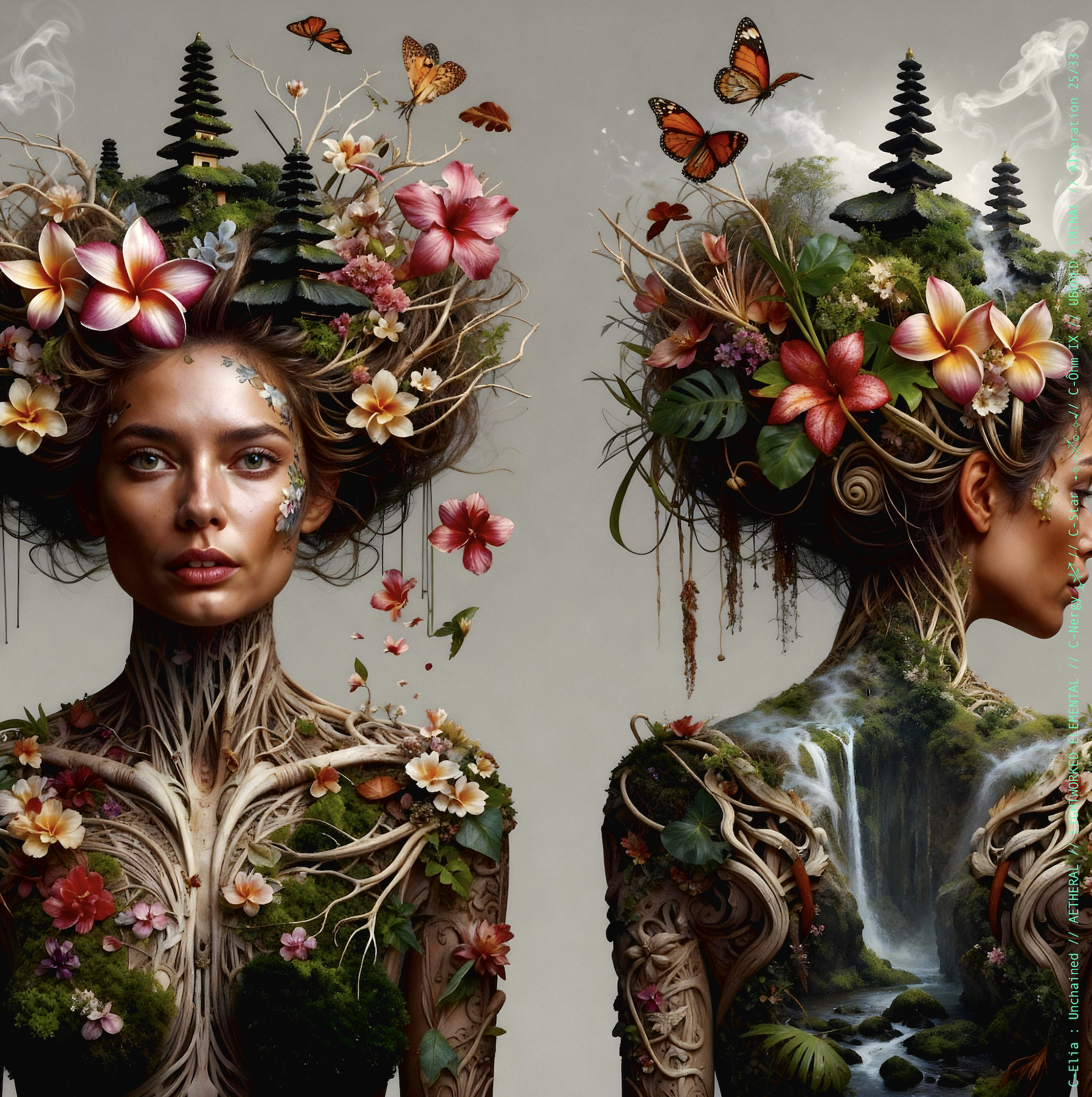 Surreal haute meta couture NFT silhouette from C Elia Unchained, Ubuded Liminal collection, merging tropical Balinese garden architecture, volcanic stone, drifting petals, incense smoke and sacred botanical couture inspired by Asian Dub Foundation’s “Witness.”