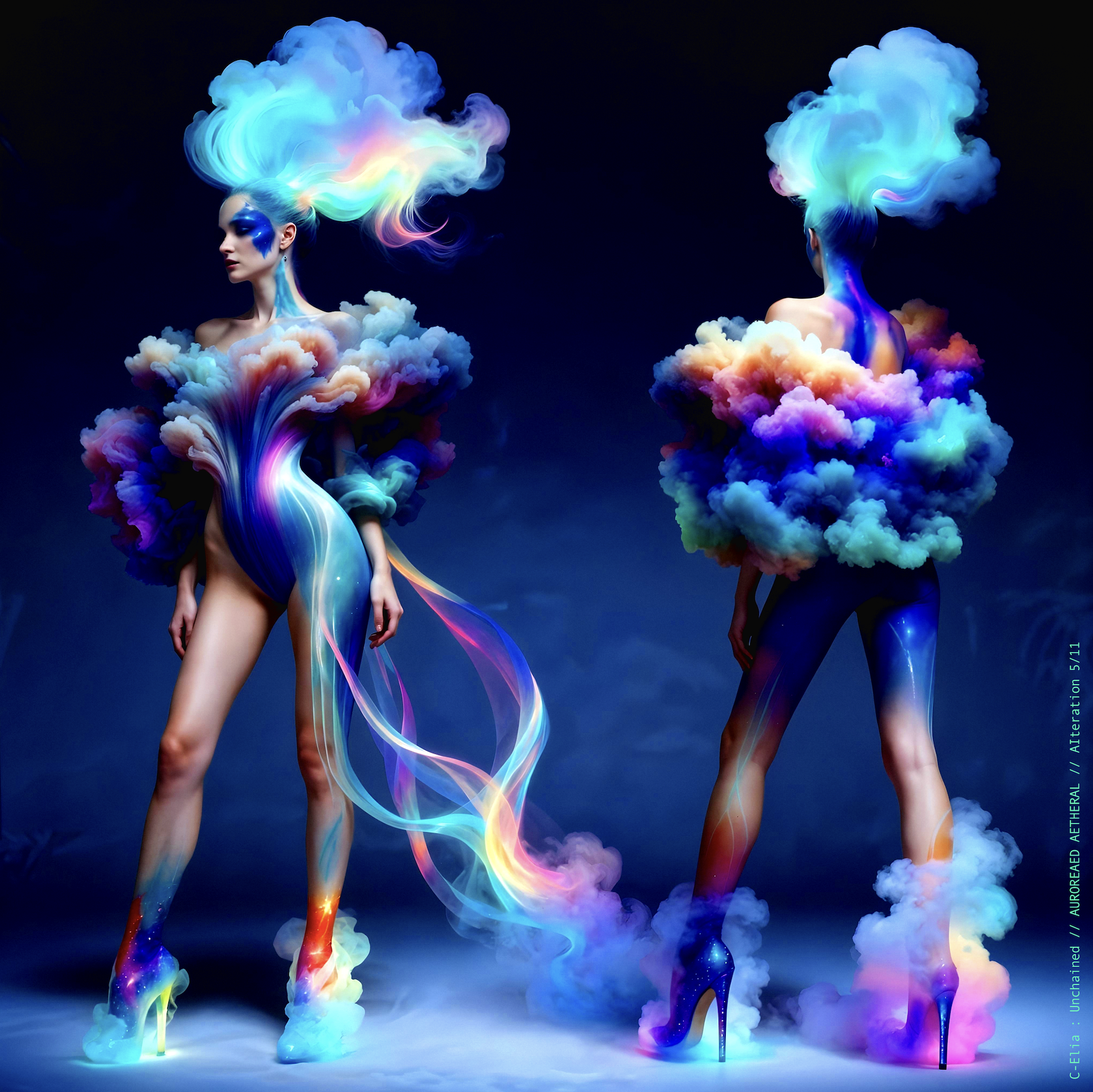 Surreal haute meta couture NFT silhouette from C Elia Unchained, Auroreaed Aetheral collection, formed from aurora borealis clouds, vaporous gradients, celestial mist and atmospheric couture inspired by M I A’s Matangi Mixtape by Kenzo.