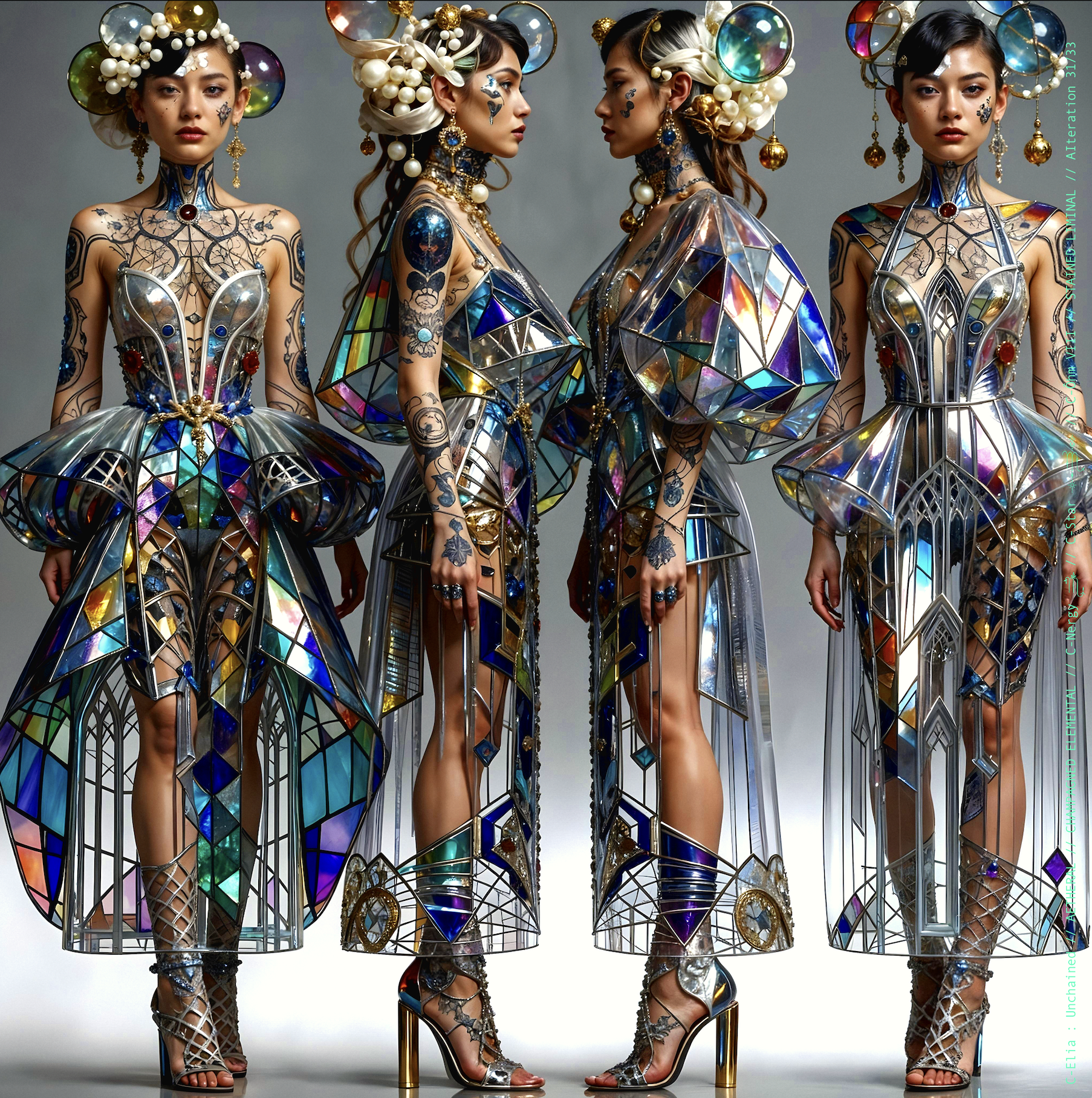 Surreal haute meta couture NFT silhouette from C-Elia: Unchained, Stained Liminal collection, inspired by cathedral stained glass and Mondrian geometry, merging sacred light, metallic reflections, and futuristic architecture into a living holographic couture sculpture.