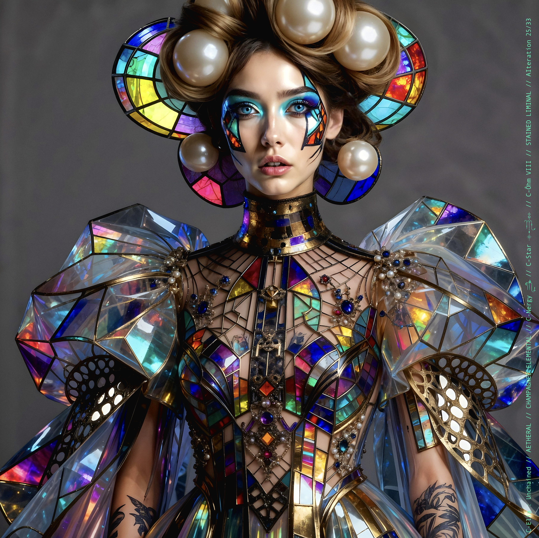 Surreal haute meta couture NFT silhouette from C-Elia: Unchained, Stained Liminal collection, inspired by cathedral stained glass and Mondrian geometry, merging sacred light, metallic reflections, and futuristic architecture into a living holographic couture sculpture.