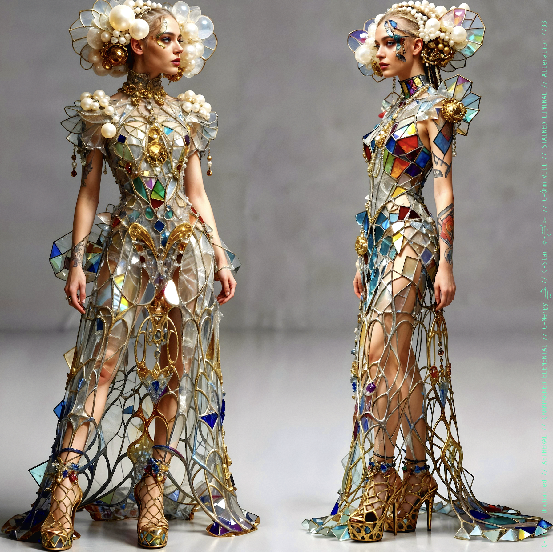 Surreal haute meta couture NFT silhouette from C-Elia: Unchained, Stained Liminal collection, inspired by cathedral stained glass and Mondrian geometry, merging sacred light, metallic reflections, and futuristic architecture into a living holographic couture sculpture.
