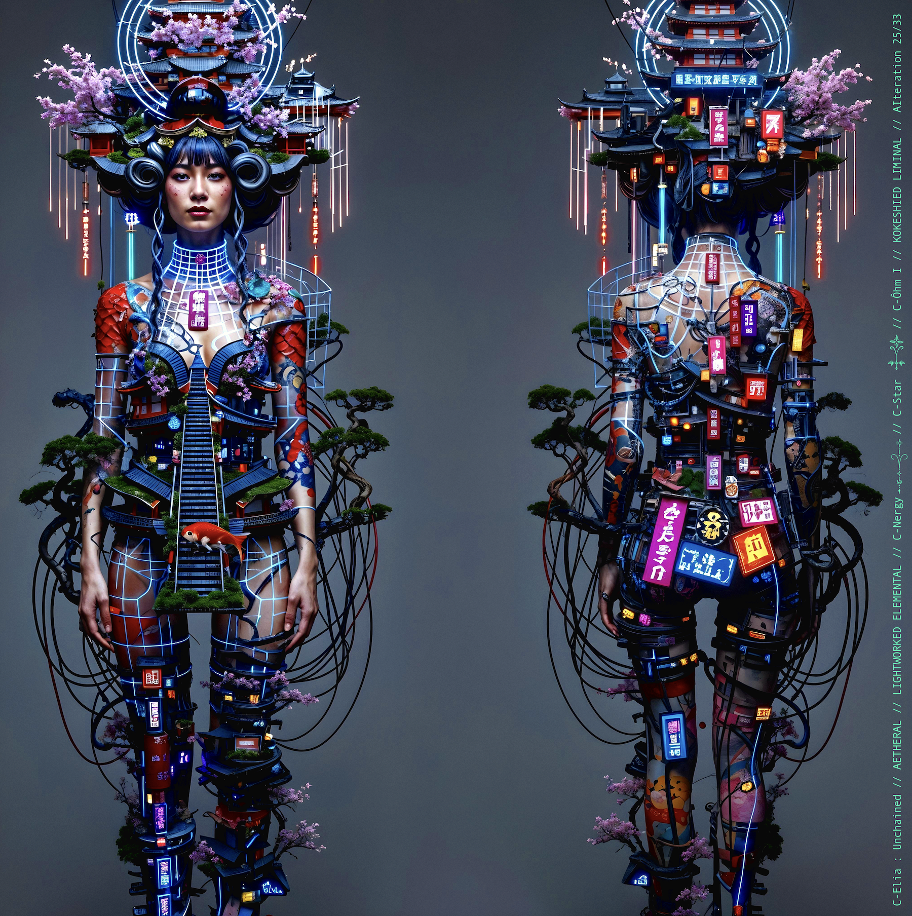 Surreal haute meta couture NFT silhouette from C-Elia: Unchained, Kokeshied Liminal, a fusion of Kyoto serenity and Shibuya light embodied in a living digital shrine.