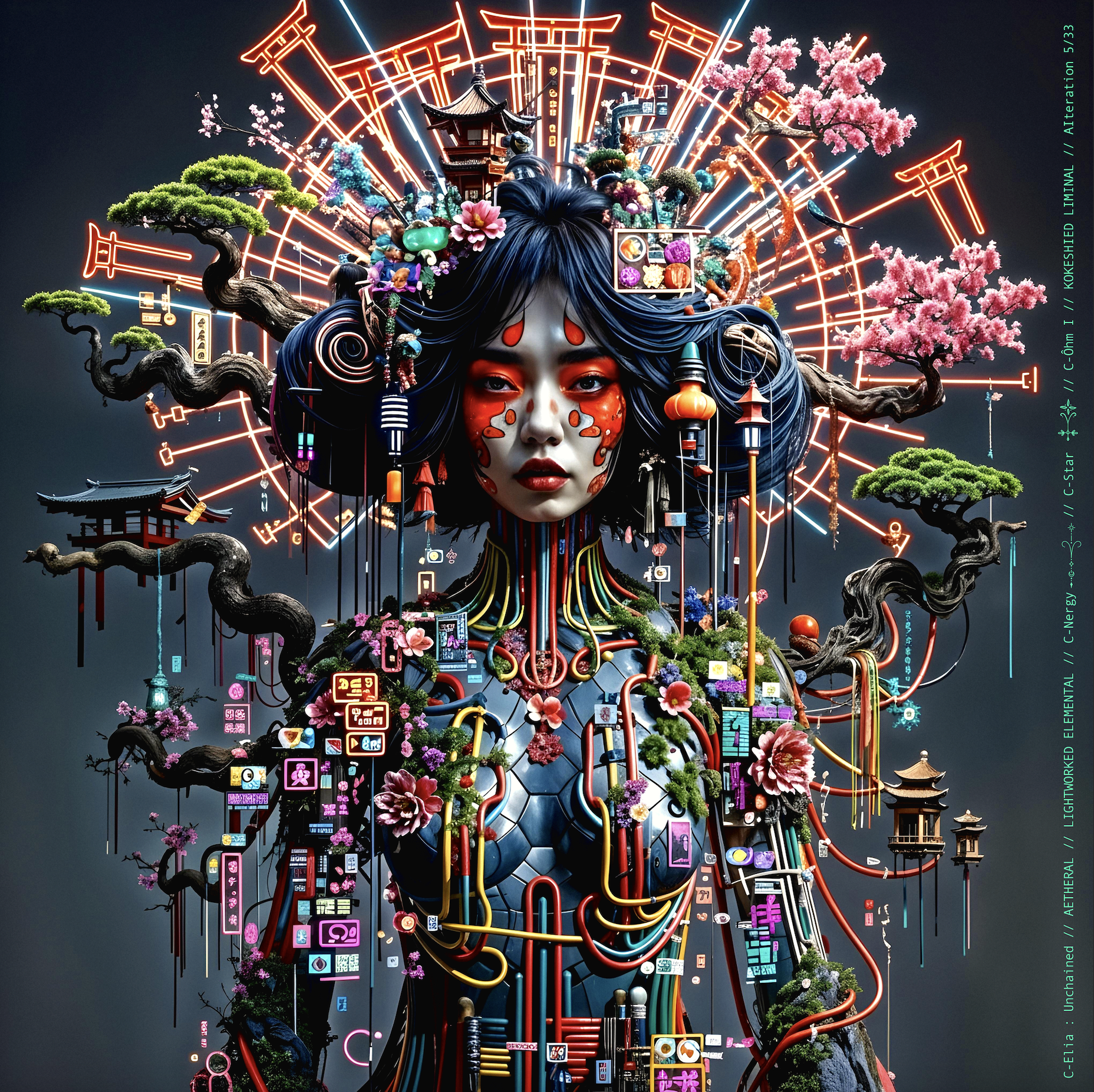 Surreal haute meta couture NFT silhouette from C-Elia: Unchained, Kokeshied Liminal, a fusion of Kyoto serenity and Shibuya light embodied in a living digital shrine.