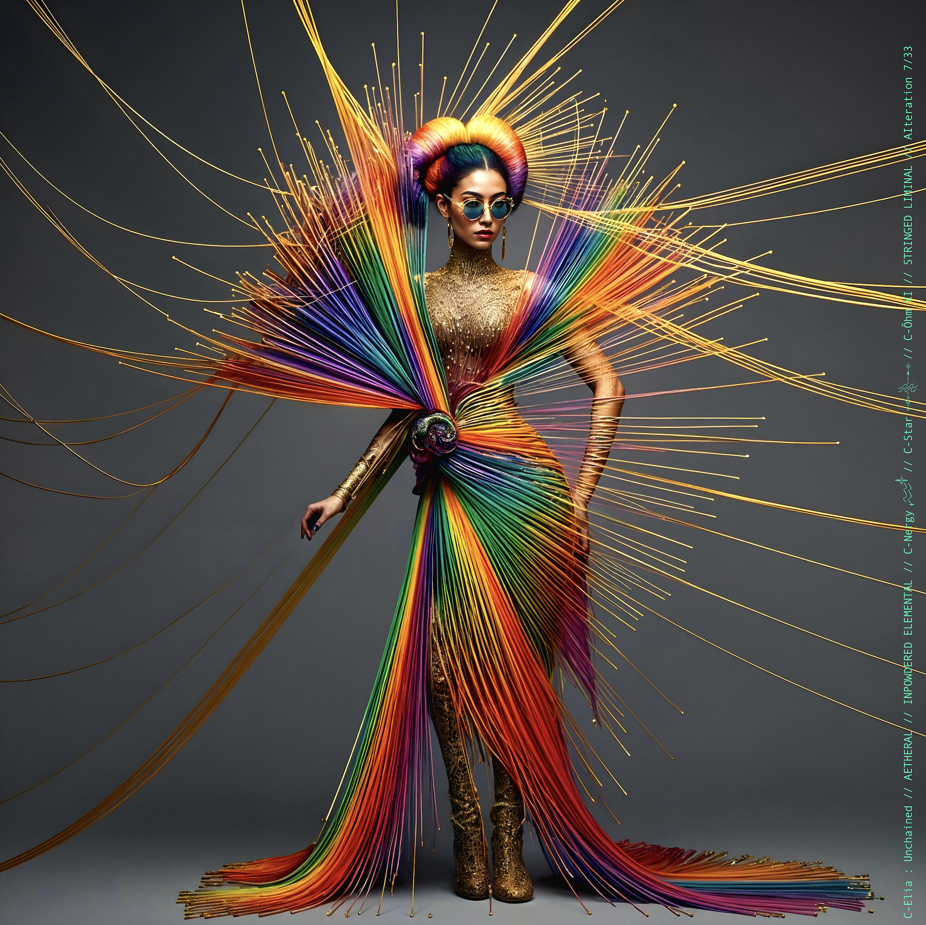 Surreal haute meta  couture NFT silhouette from C-Elia: Unchained, Stringed Liminal collection. A living sculpture made entirely of golden and colored strings, merging art, vibration and geometry into a resonant couture form.