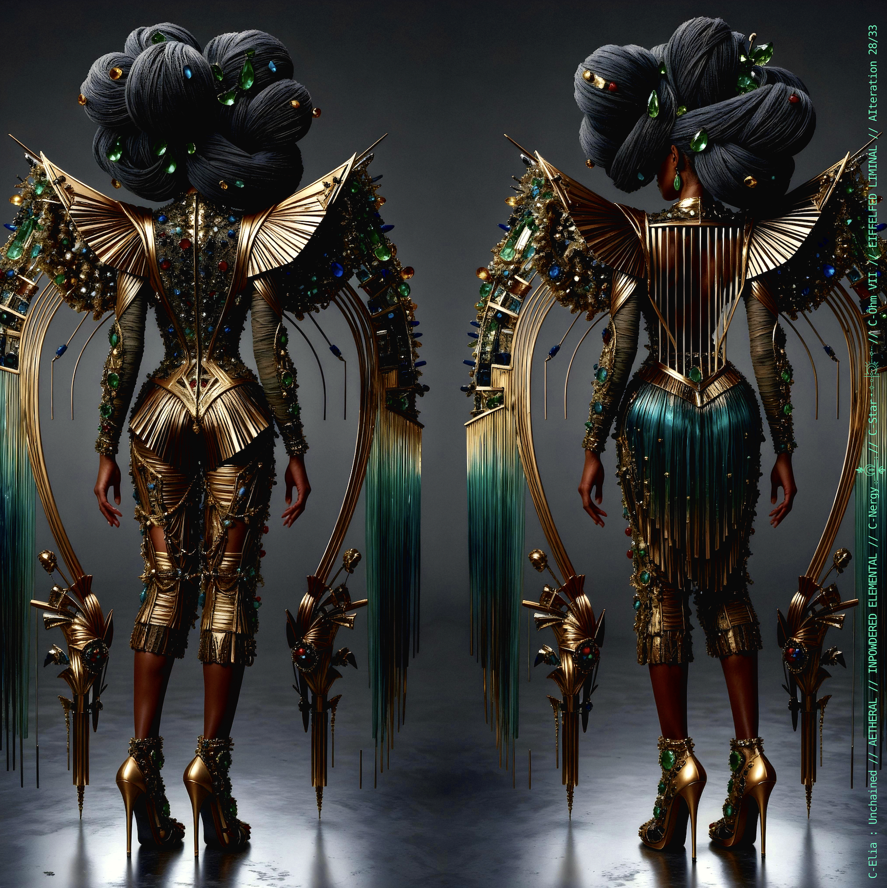 Surreal haute meta couture NFT silhouette from C Elia Unchained, Eiffelfed Liminal collection, merging openwork copper metal, emerald braids, metallic glyph makeup and Parisian architectural couture infused with the atmospheric pulse of Massive Attack and Mad Professor’s “Three.”