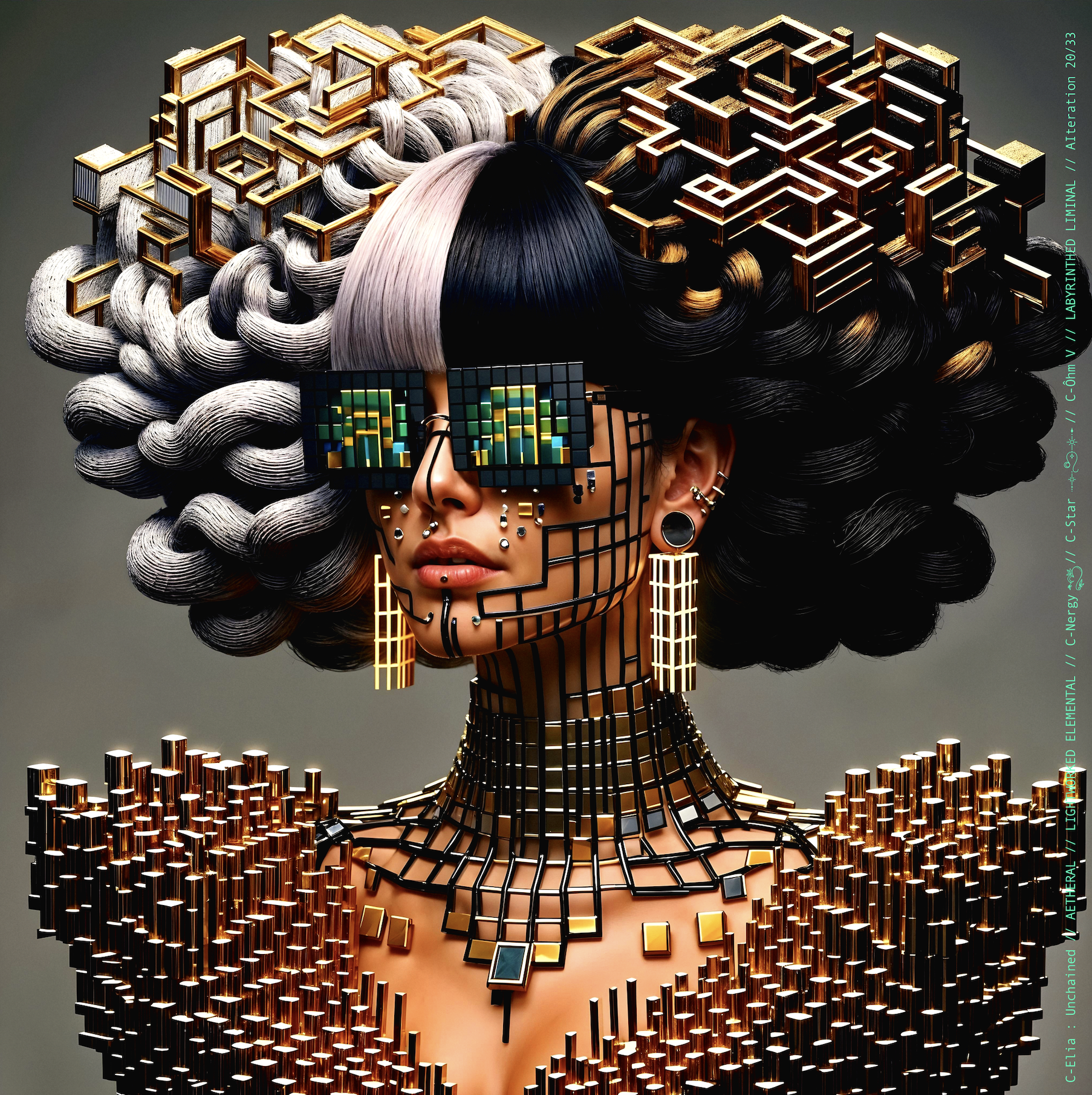 Surreal haute meta couture NFT silhouette from C Elia Unchained, Labyrinthed Liminal collection, inspired by mirrored labyrinth geometry and the chromatic echo of Blue Boy’s “Remember Me,” merging pixel tattoos, gold voxel structures and reflective couture architecture.