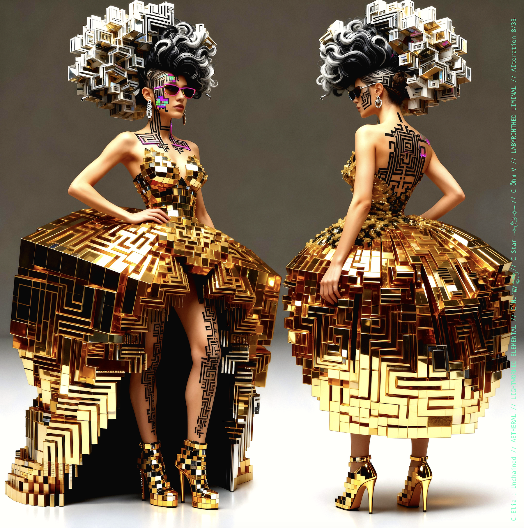 Surreal haute meta couture NFT silhouette from C Elia Unchained, Labyrinthed Liminal collection, inspired by mirrored labyrinth geometry and the chromatic echo of Blue Boy’s “Remember Me,” merging pixel tattoos, gold voxel structures and reflective couture architecture.