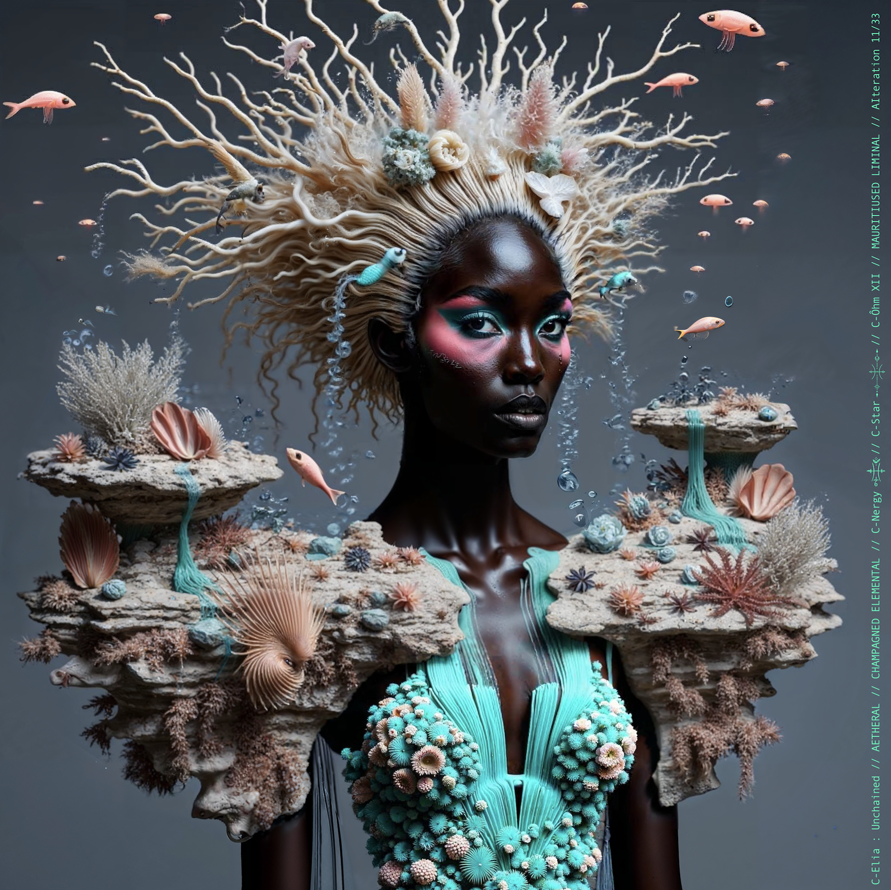 Surreal haute meta couture NFT silhouette from C-Elia: Unchained, Mauritiused Liminal collection, inspired by coral reefs and marine architecture, merging water, light and couture into a floating living sculpture