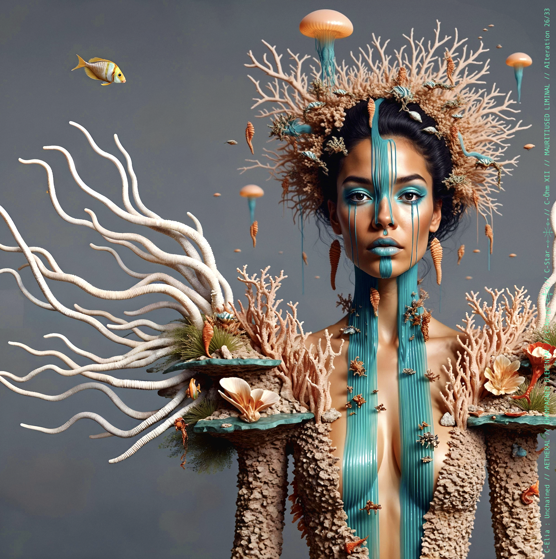 Surreal haute meta couture NFT silhouette from C-Elia: Unchained, Mauritiused Liminal collection, inspired by coral reefs and marine architecture, merging water, light and couture into a floating living sculpture