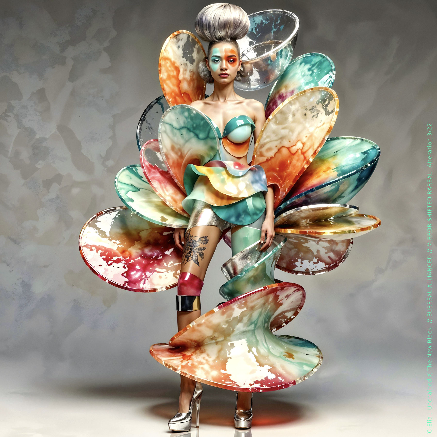 Surreal haute meta couture NFT silhouette from C-Elia: Unchained, Thenewblacked Allianced Liminal, created in collaboration with tThe New Black, merging resin, glass, acrylic and light into a living prism of translucent geometry.