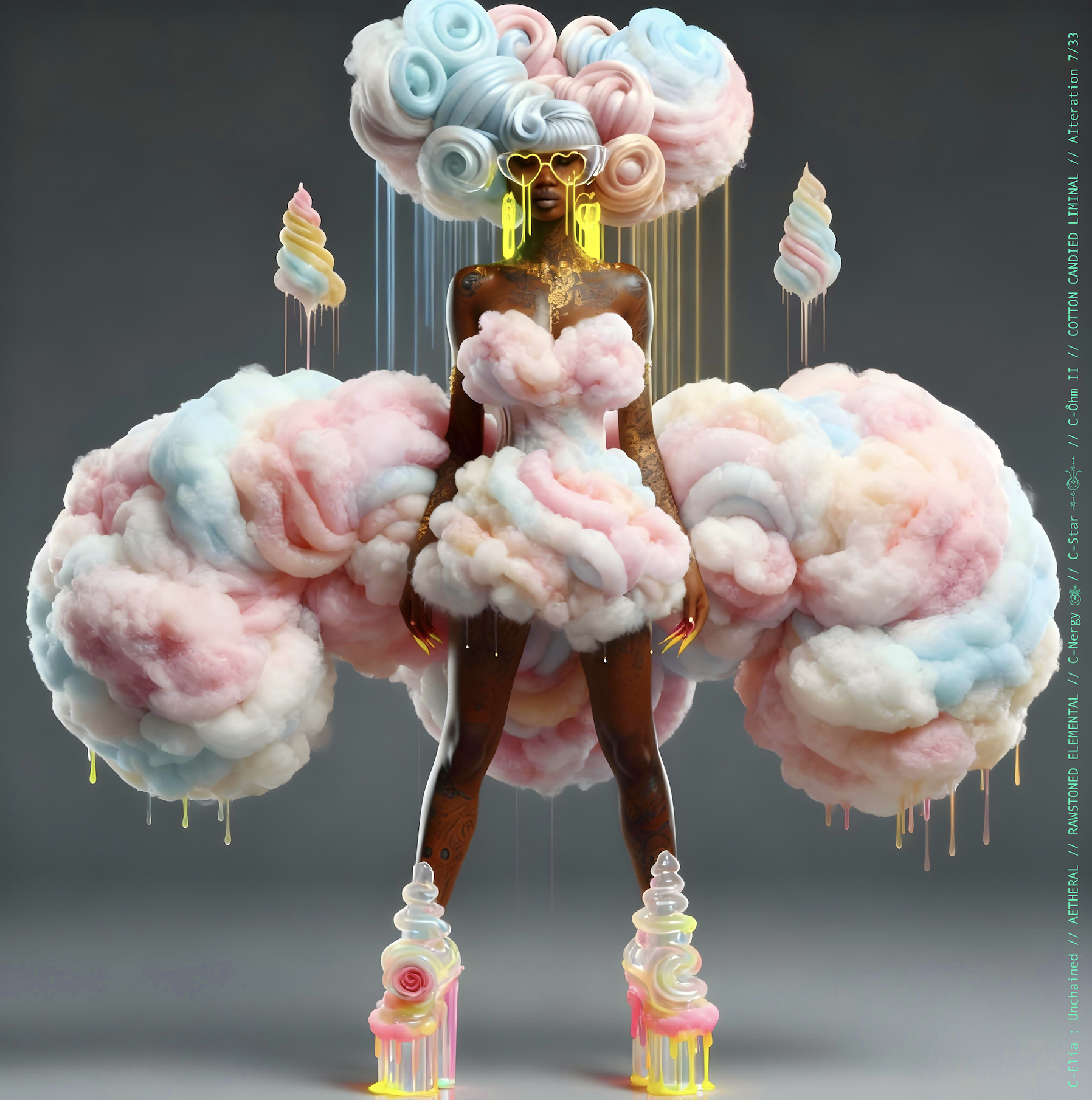 Surreal haute meta couture NFT silhouette from C Elia: Unchained, Cotton Candied Liminal collection, inspired by pastel cotton candy clouds and Khmer gold tattoos, merging sweetness, rebellion and couture into a living vaporous sculpture.