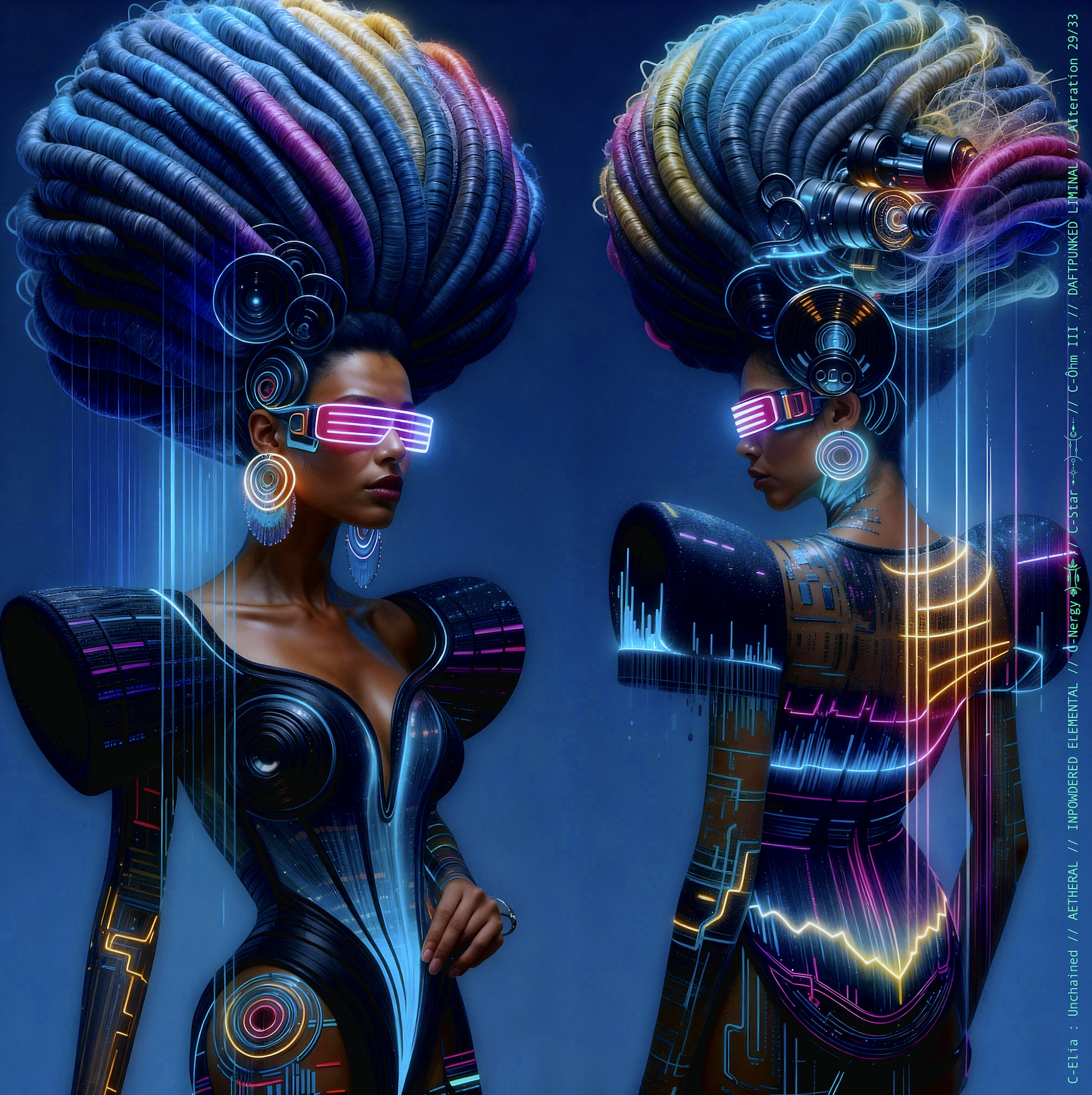 Surreal haute meta couture NFT silhouette from C Elia Unchained, Daftpunked Liminal collection, inspired by electronic neon aesthetics and the luminous frequencies of Daft Punk Alive 2008, merging holographic vinyl, glitch light and couture architecture.

