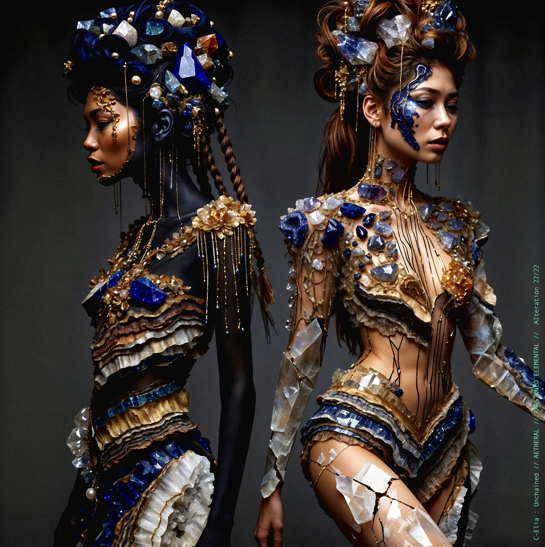 Surreal haute meta couture NFT silhouette from C Elia Unchained, Rawstoned Elemental collection, merging precious-stone hairstyles, raw mineral strata, lapis lazuli fractures and the tectonic elegance of avant garde couture.