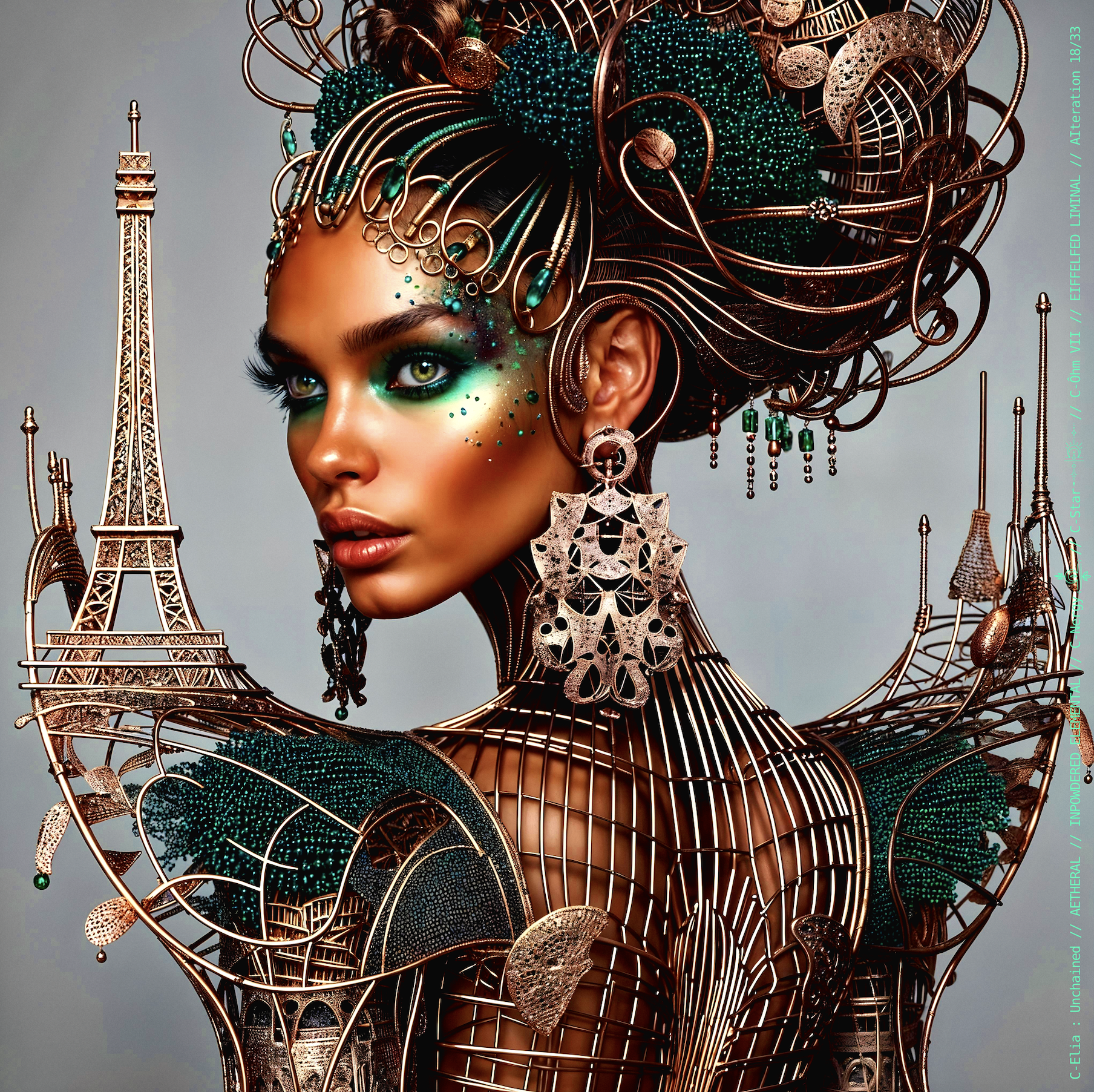 Surreal haute meta couture NFT silhouette from C Elia Unchained, Eiffelfed Liminal collection, merging openwork copper metal, emerald braids, metallic glyph makeup and Parisian architectural couture infused with the atmospheric pulse of Massive Attack and Mad Professor’s “Three.”