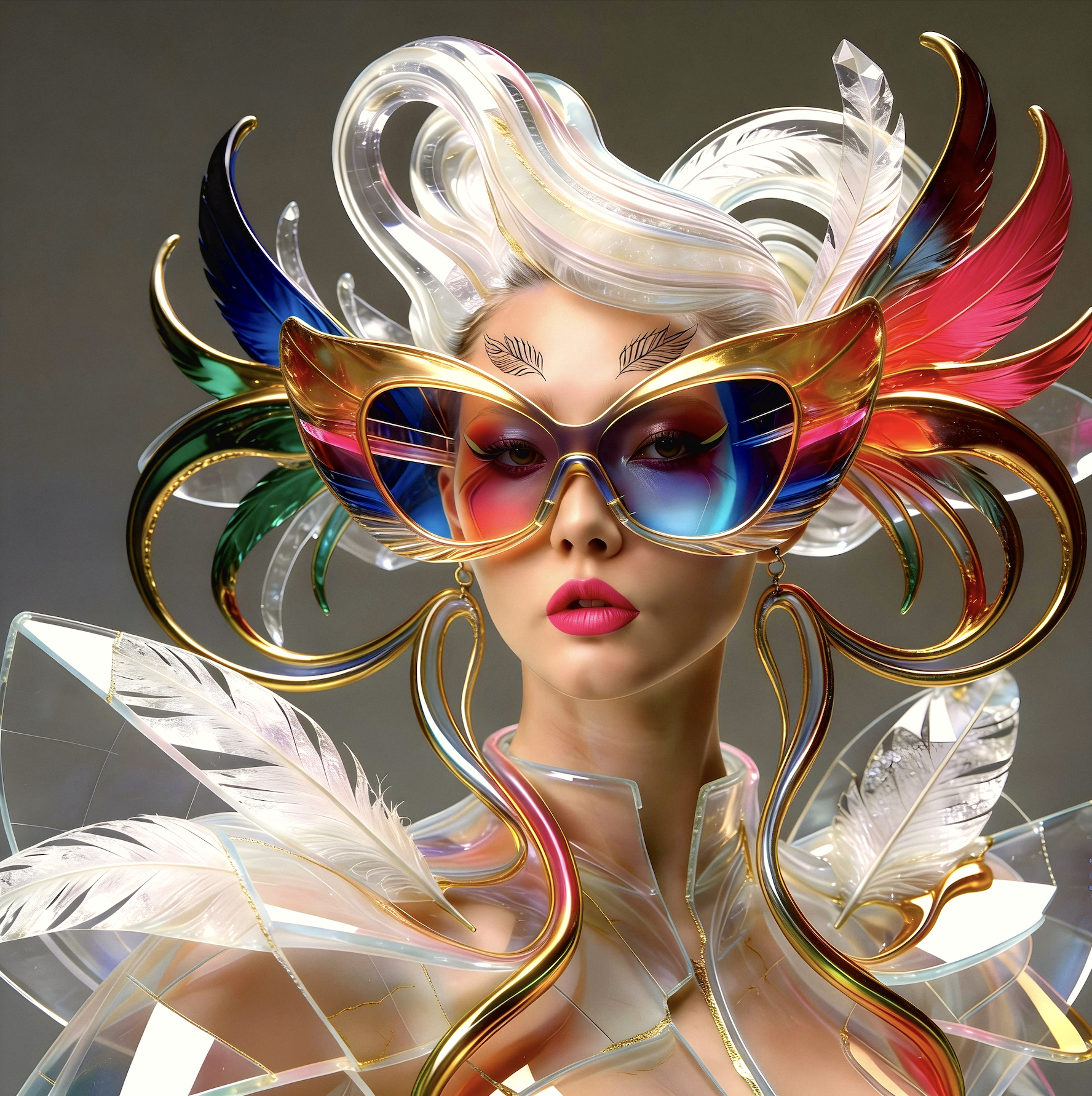 Surreal haute meta couture NFT silhouette from C-Elia: Unchained, Surreal female top model wearing an avant-garde haute couture glass sculpture with oversized colorful optical glasses, translucent white structure with gold veins, Iris Framed collection.
