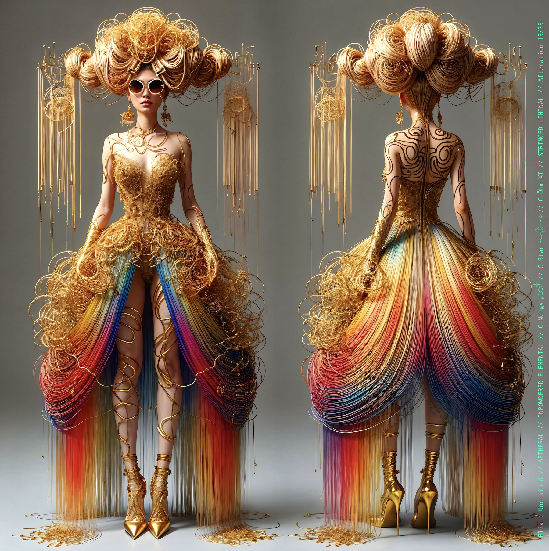 Surreal haute meta  couture NFT silhouette from C-Elia: Unchained, Stringed Liminal collection. A living sculpture made entirely of golden and colored strings, merging art, vibration and geometry into a resonant couture form.