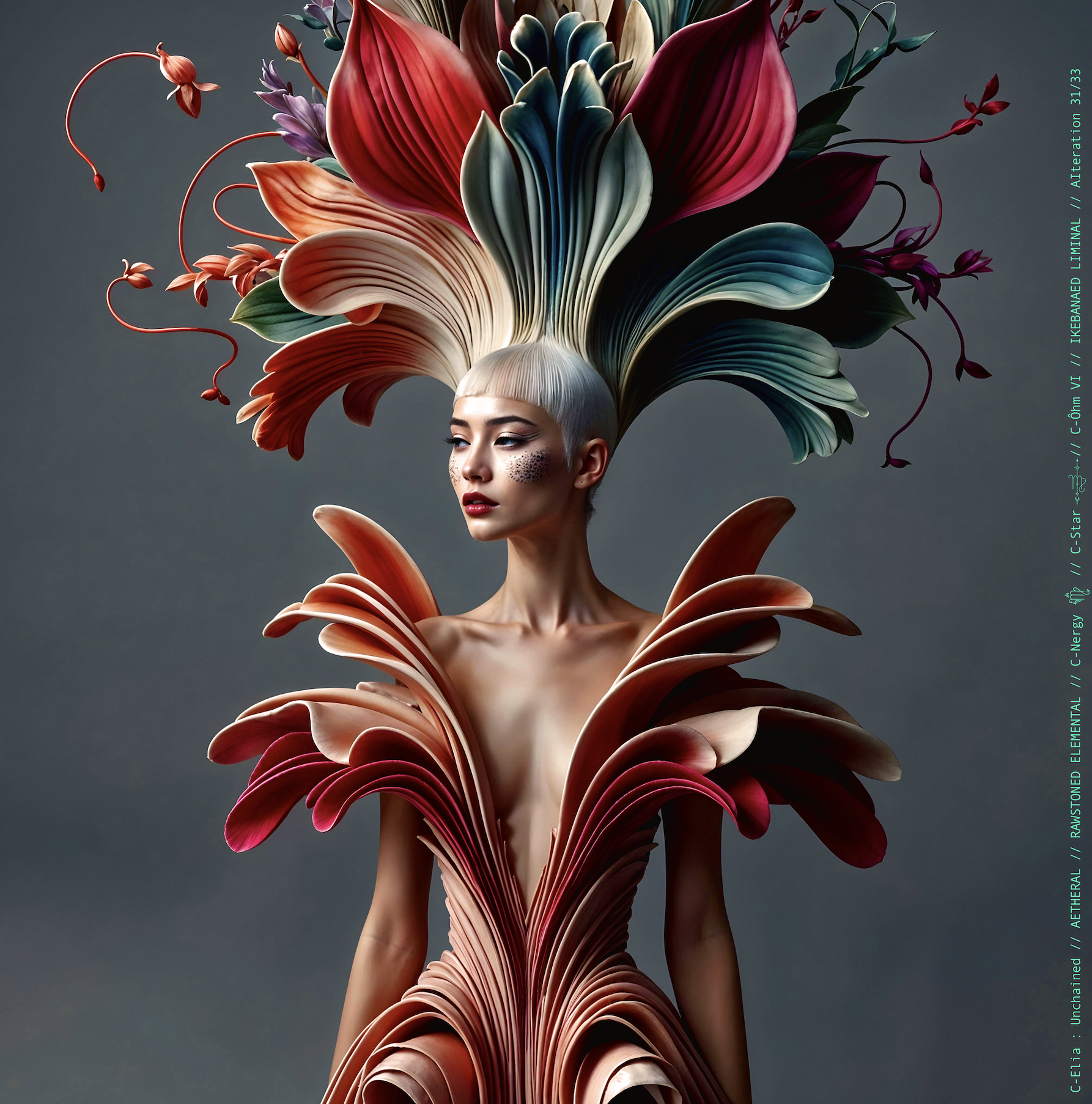 Surreal haute meta couture NFT silhouette from C-Elia: Unchained, Ikebanaed Liminal collection, inspired by floral architecture and Japanese composition, merging nature, geometry and serenity into a living couture sculpture.