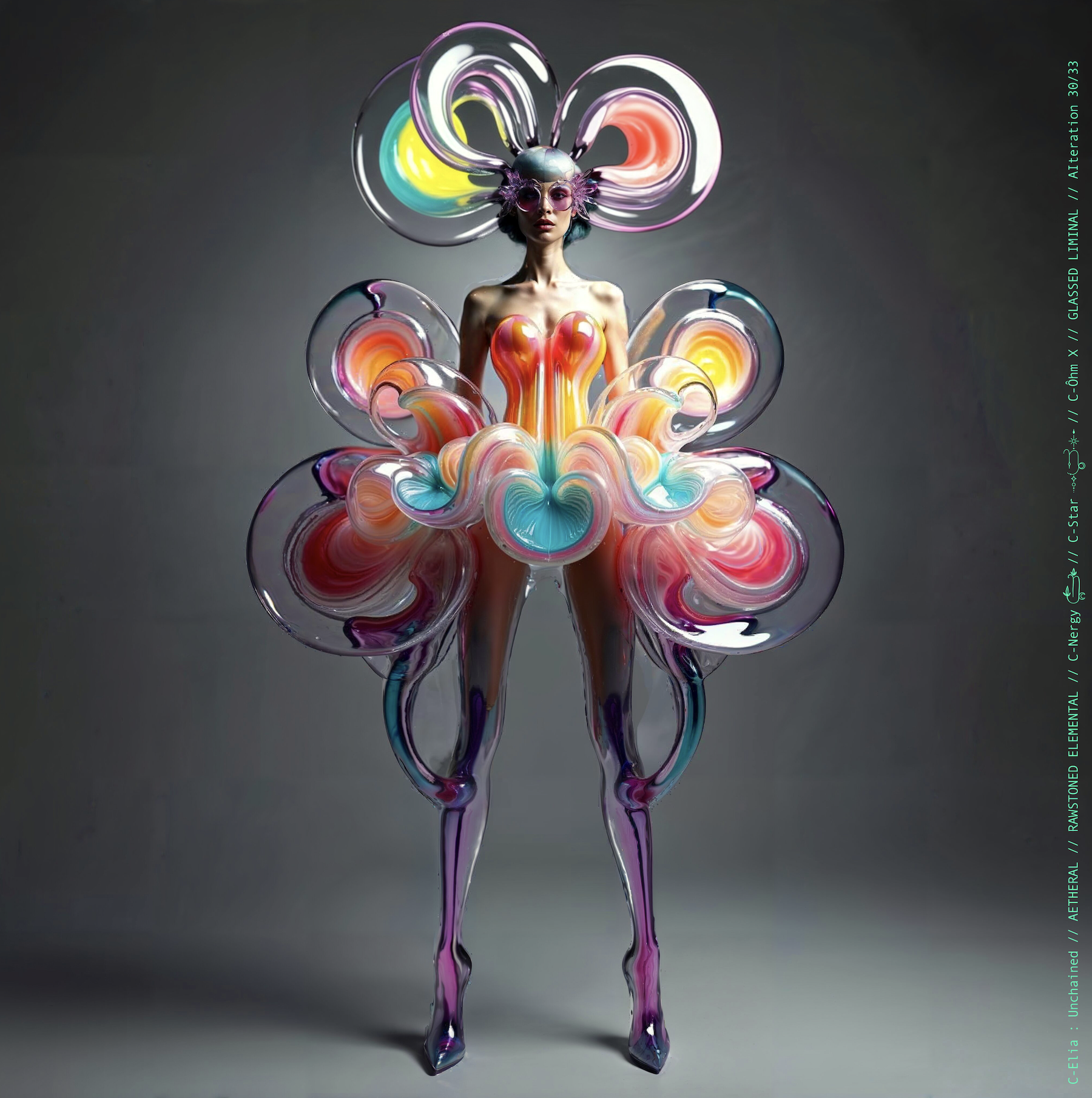 Surreal haute meta couture NFT silhouette from C-Elia: Unchained, Glassed Liminal collection, inspired by blown glass and molten light, merging fragility, transparency and grandeur into an avant garde architectural couture sculpture.