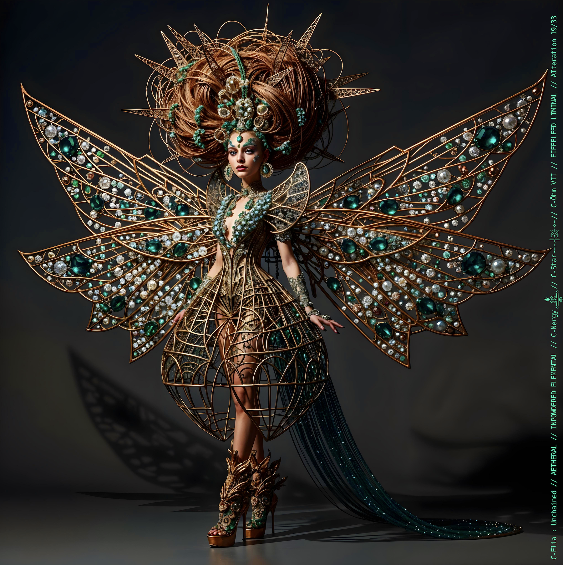 Surreal haute meta couture NFT silhouette from C Elia Unchained, Eiffelfed Liminal collection, merging openwork copper metal, emerald braids, metallic glyph makeup and Parisian architectural couture infused with the atmospheric pulse of Massive Attack and Mad Professor’s “Three.”