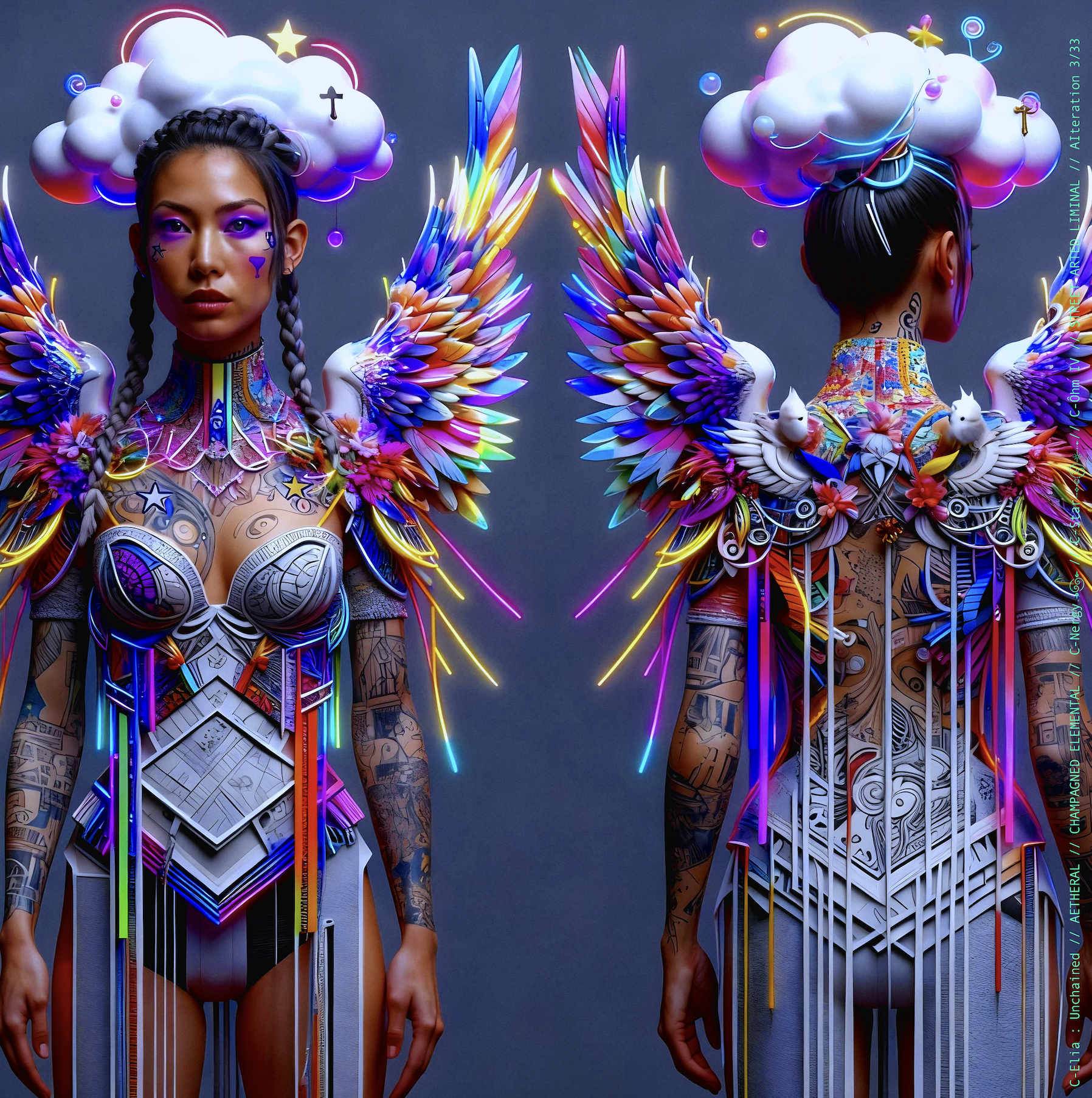 Surreal haute meta couture NFT silhouette from C Elia Unchained, Streetarted Liminal collection, merging liquid graffiti textures, neon mist, chromatic drips and atmospheric street-paint couture.