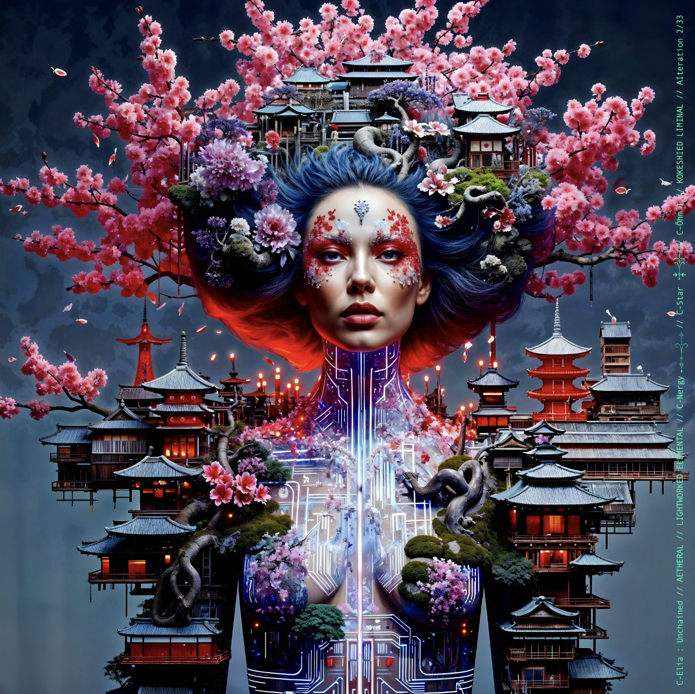 Surreal haute meta couture NFT silhouette from C-Elia: Unchained, Kokeshied Liminal, a fusion of Kyoto serenity and Shibuya light embodied in a living digital shrine.