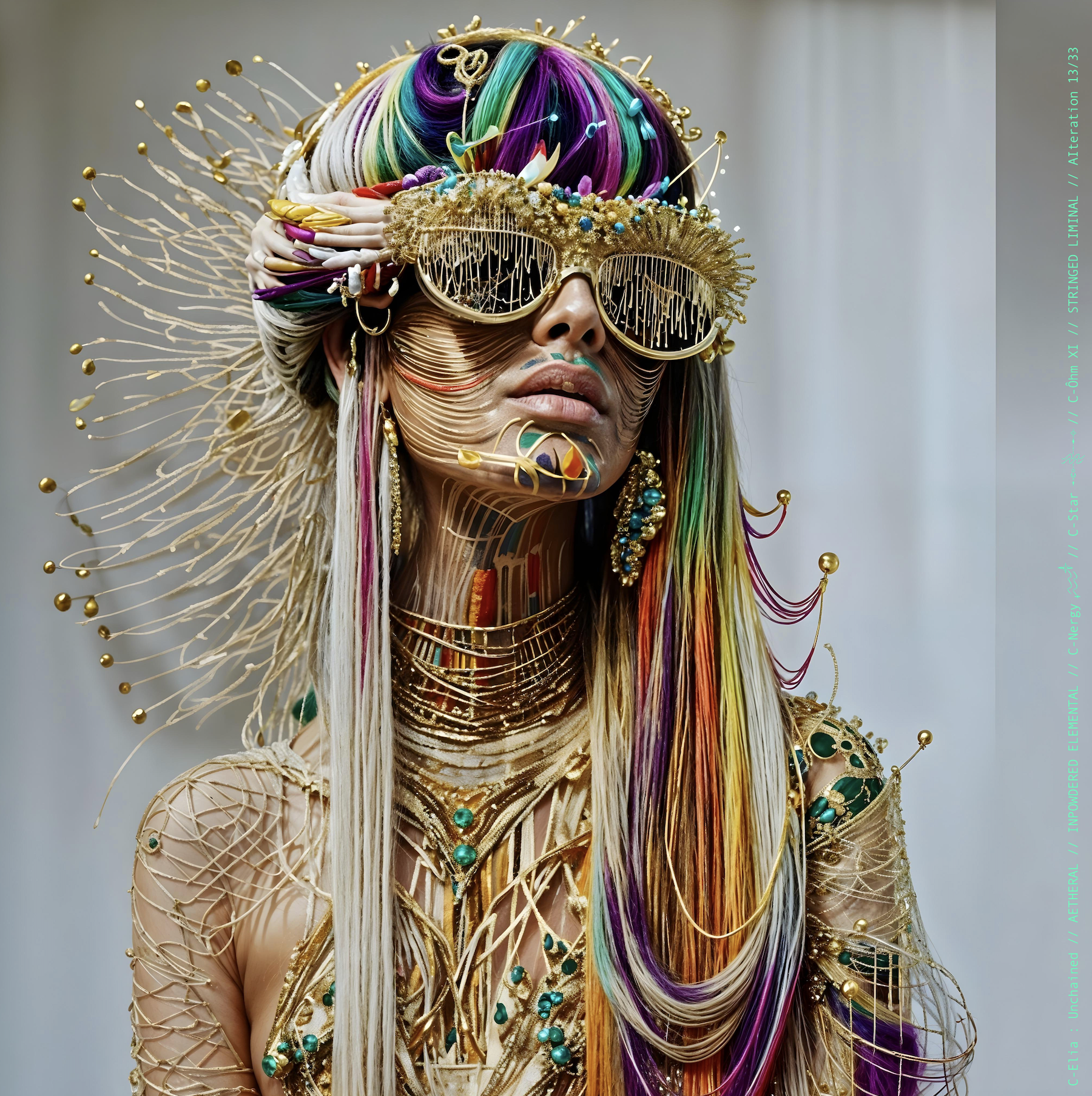 Surreal haute meta  couture NFT silhouette from C-Elia: Unchained, Stringed Liminal collection. A living sculpture made entirely of golden and colored strings, merging art, vibration and geometry into a resonant couture form.