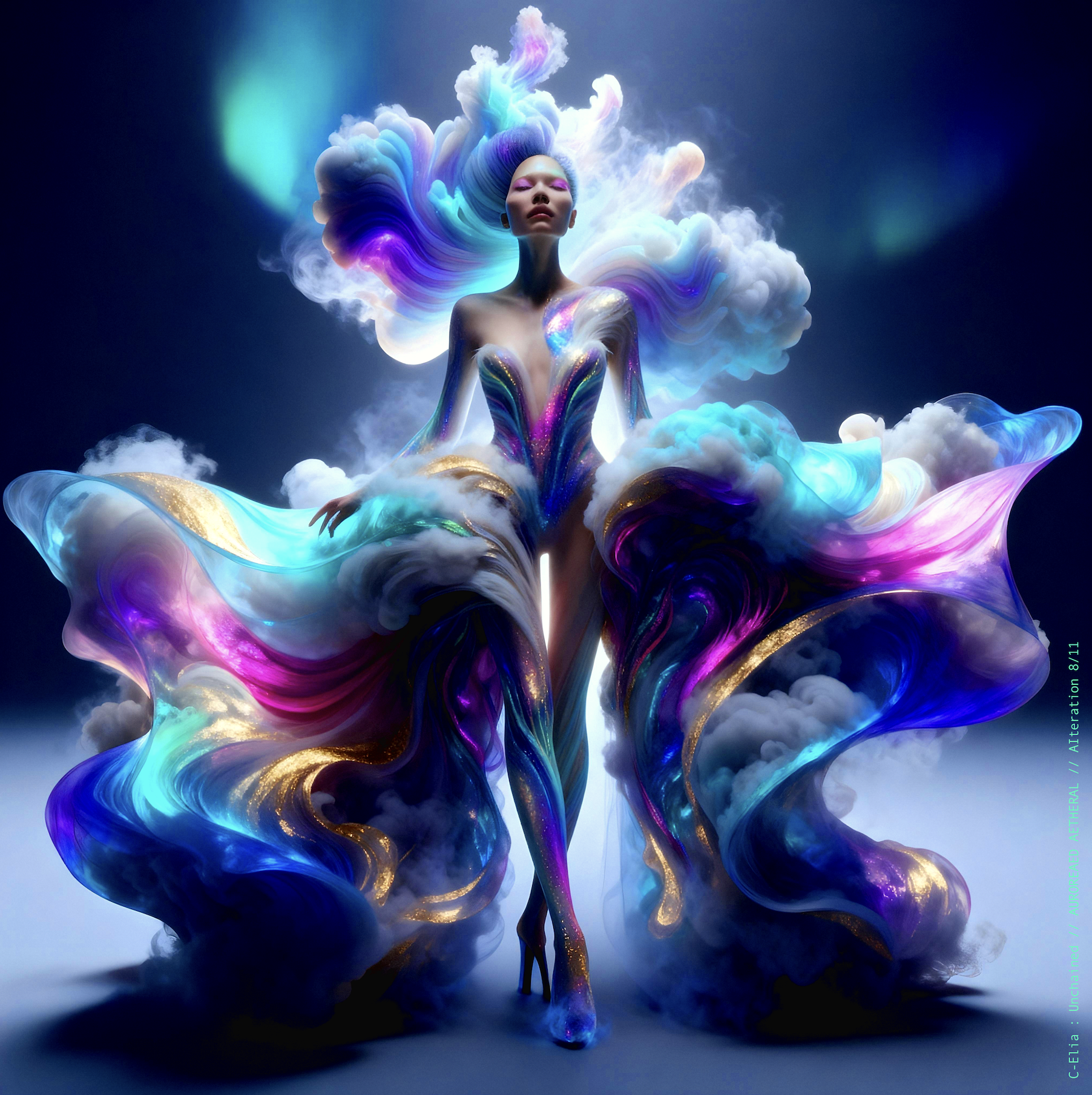 Surreal haute meta couture NFT silhouette from C Elia Unchained, Auroreaed Aetheral collection, formed from aurora borealis clouds, vaporous gradients, celestial mist and atmospheric couture inspired by M I A’s Matangi Mixtape by Kenzo.