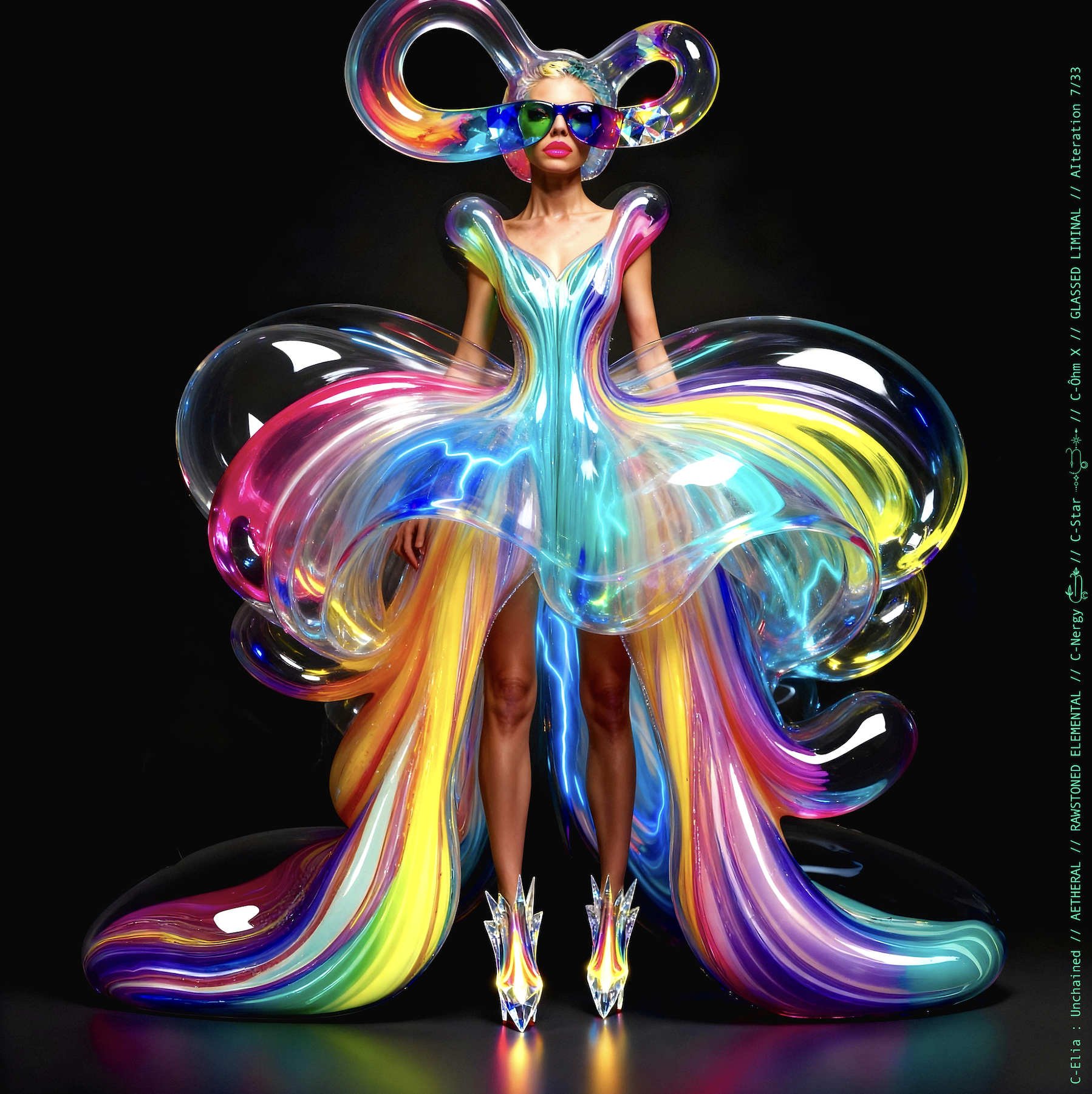 Surreal haute meta couture NFT silhouette from C-Elia: Unchained, Glassed Liminal collection, inspired by blown glass and molten light, merging fragility, transparency and grandeur into an avant garde architectural couture sculpture.