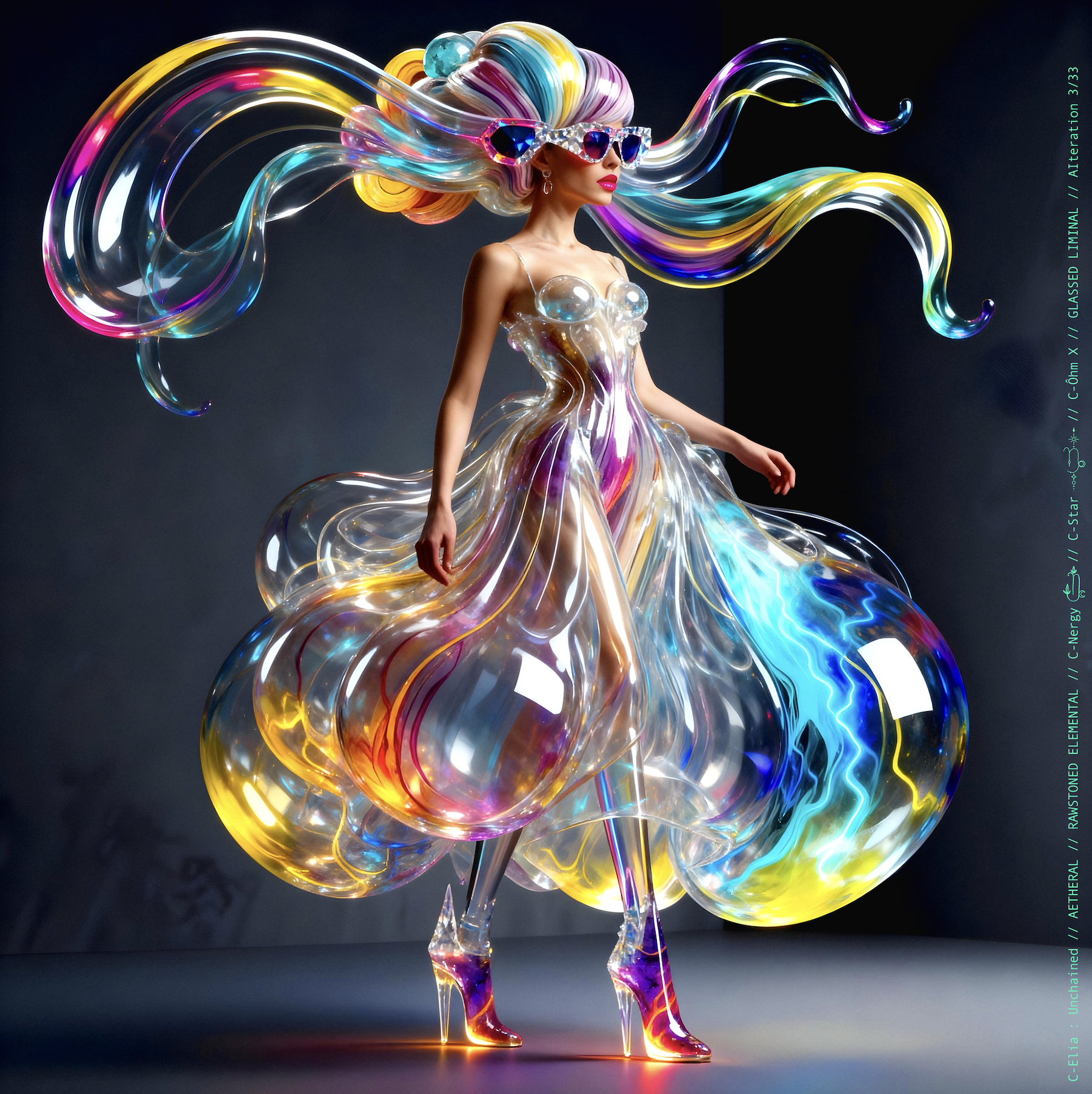 Surreal haute meta couture NFT silhouette from C-Elia: Unchained, Glassed Liminal collection, inspired by blown glass and molten light, merging fragility, transparency and grandeur into an avant garde architectural couture sculpture.