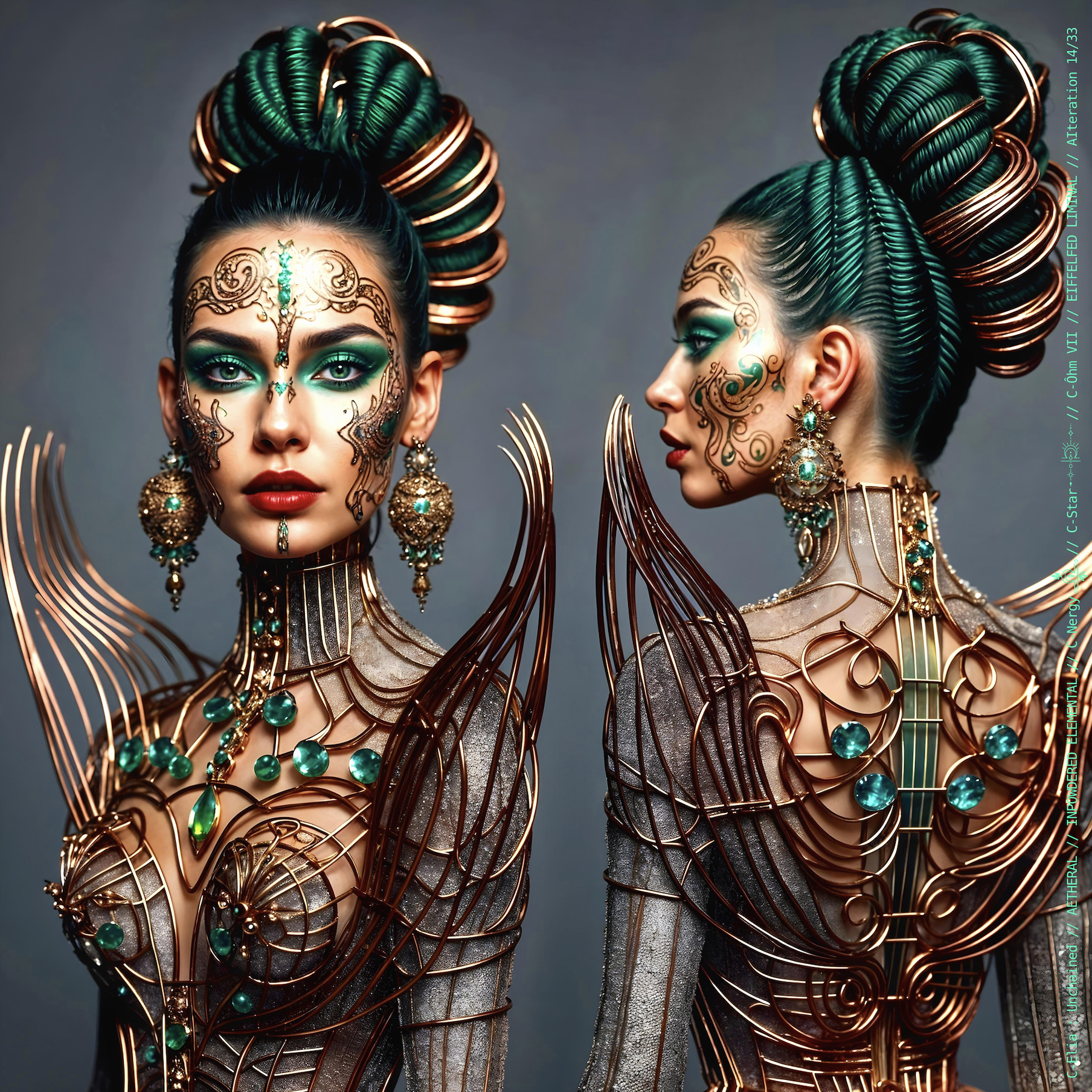 Surreal haute meta couture NFT silhouette from C Elia Unchained, Eiffelfed Liminal collection, merging openwork copper metal, emerald braids, metallic glyph makeup and Parisian architectural couture infused with the atmospheric pulse of Massive Attack and Mad Professor’s “Three.”