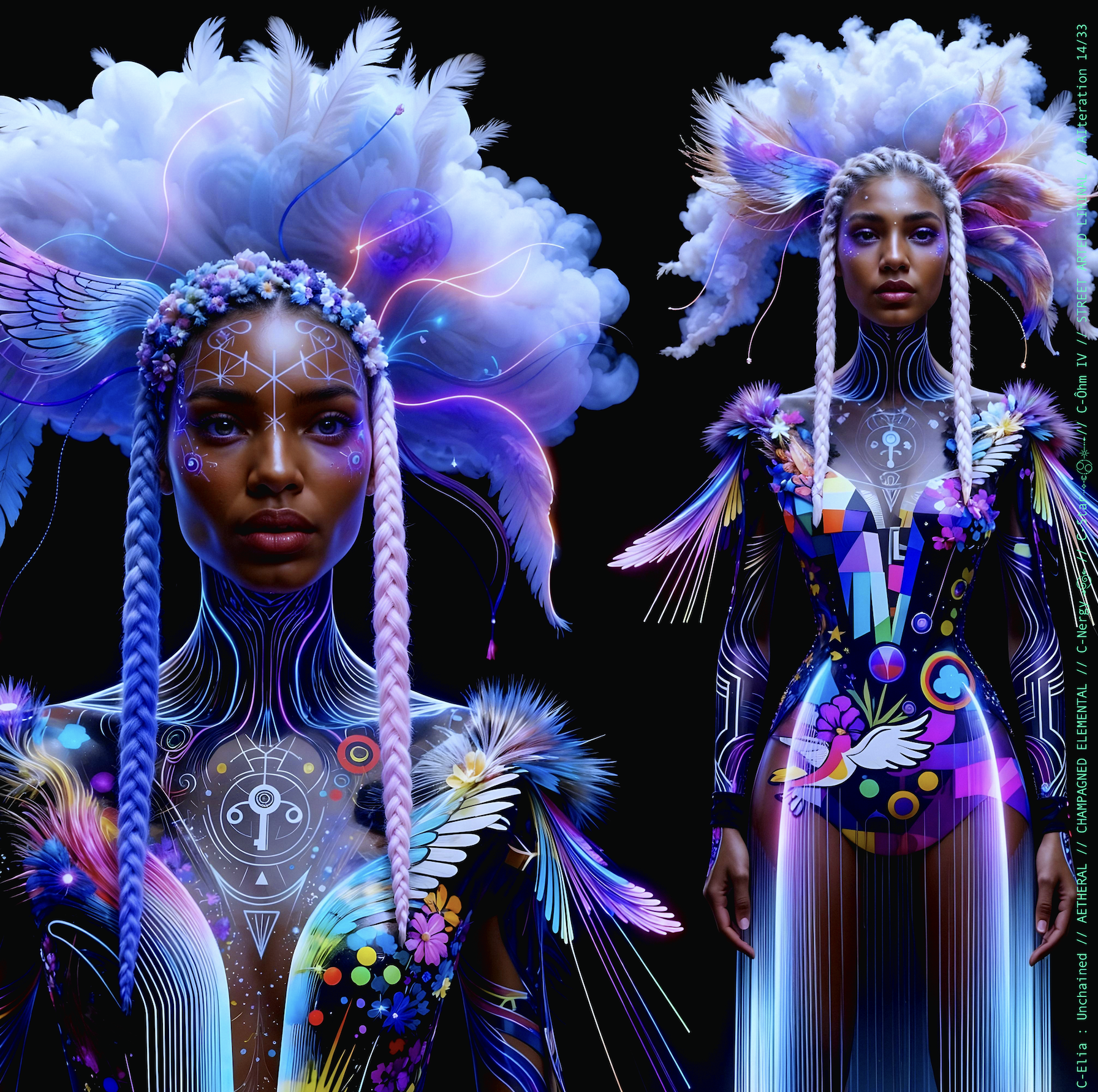 Surreal haute meta couture NFT silhouette from C Elia Unchained, Streetarted Liminal collection, merging liquid graffiti textures, neon mist, chromatic drips and atmospheric street-paint couture.