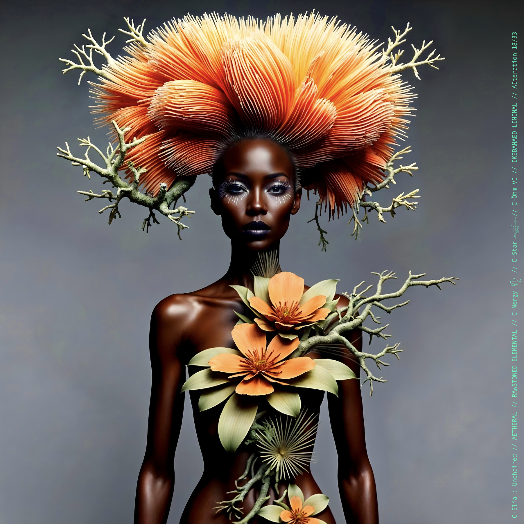 Surreal haute meta couture NFT silhouette from C-Elia: Unchained, Ikebanaed Liminal collection, inspired by floral architecture and Japanese composition, merging nature, geometry and serenity into a living couture sculpture.