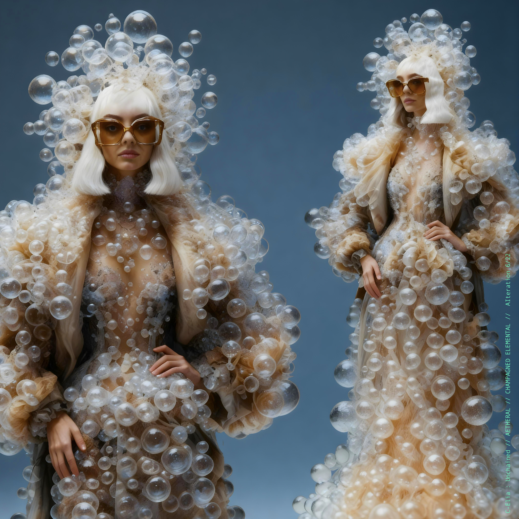 Surreal haute meta couture NFT silhouette from C Elia Unchained, Champagned Elemental collection, formed from transparent champagne bubbles, liquid cascades and retro futuristic white wave hair sculpted into effervescent couture.