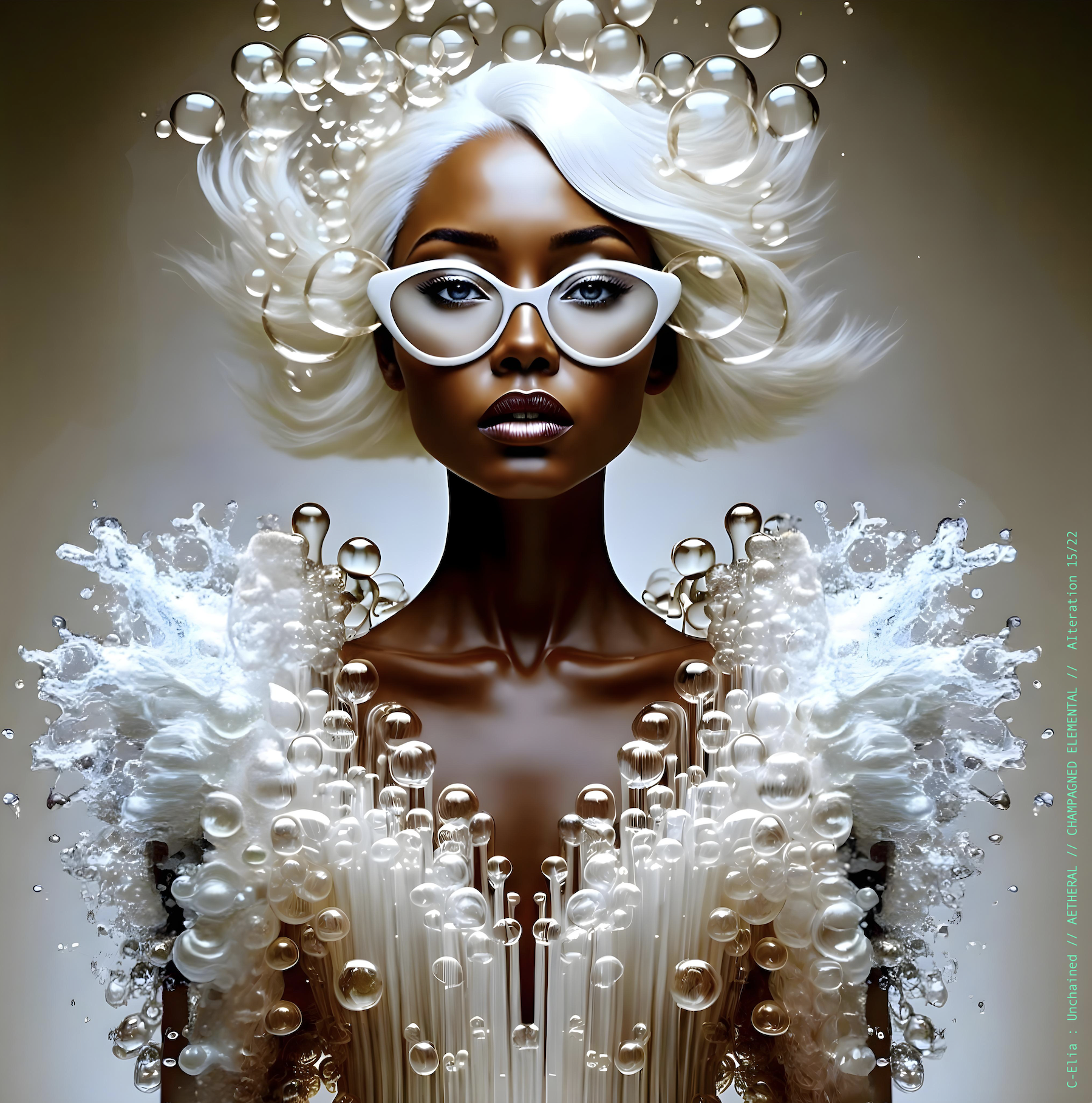 Surreal haute meta couture NFT silhouette from C Elia Unchained, Champagned Elemental collection, formed from transparent champagne bubbles, liquid cascades and retro futuristic white wave hair sculpted into effervescent couture.
