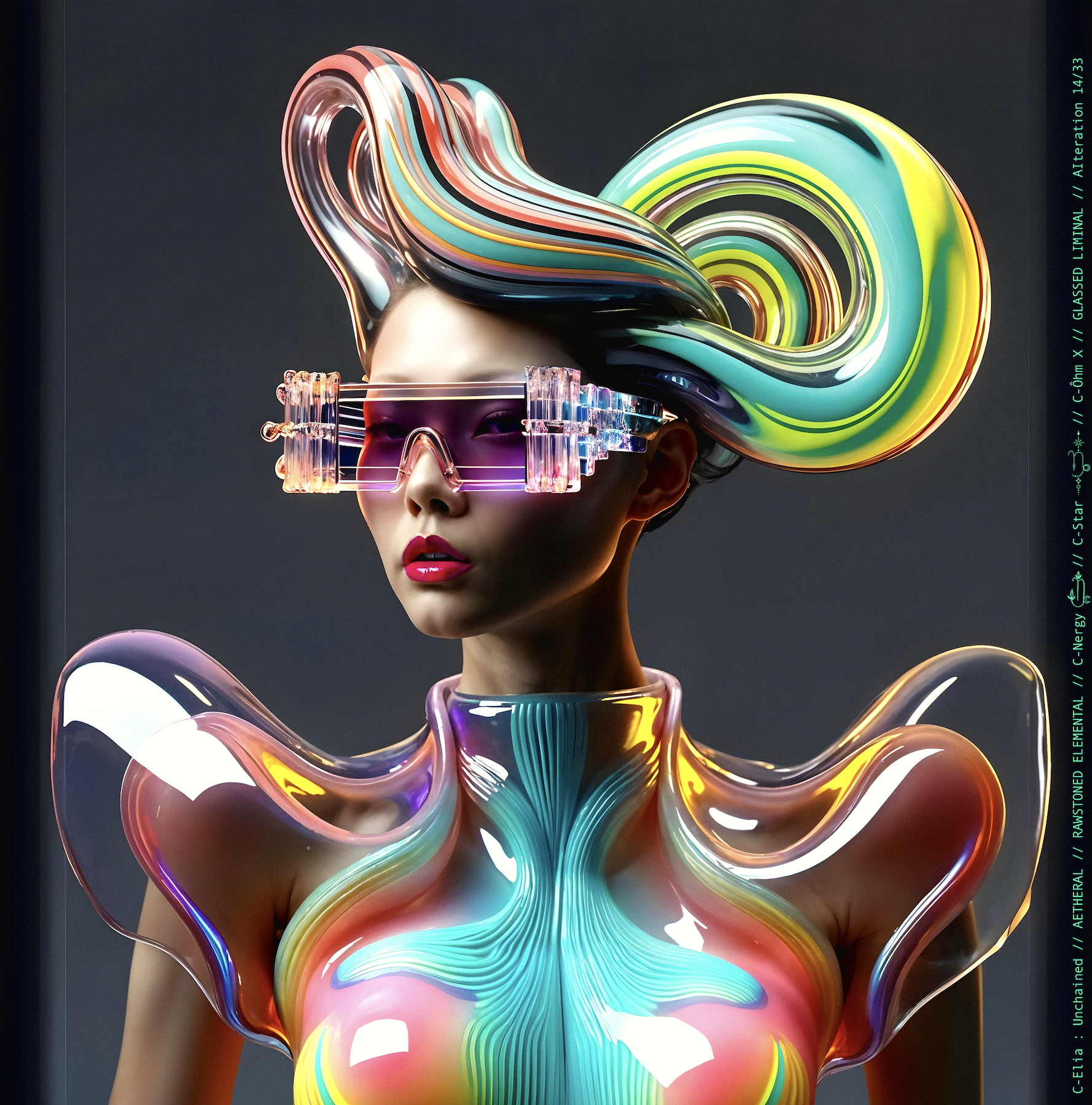 Surreal haute meta couture NFT silhouette from C-Elia: Unchained, Glassed Liminal collection, inspired by blown glass and molten light, merging fragility, transparency and grandeur into an avant garde architectural couture sculpture.