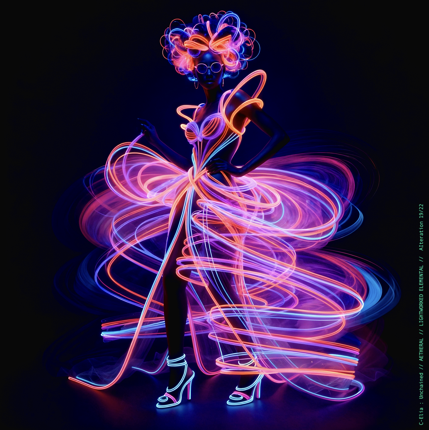 Surreal haute meta couture NFT silhouette from C-Elia: Unchained, Lightworked Elemental collection, a luminous architectural form sketched entirely in neon-painted lines and glowing contours, blending avant-garde light geometry with ethereal couture energy.