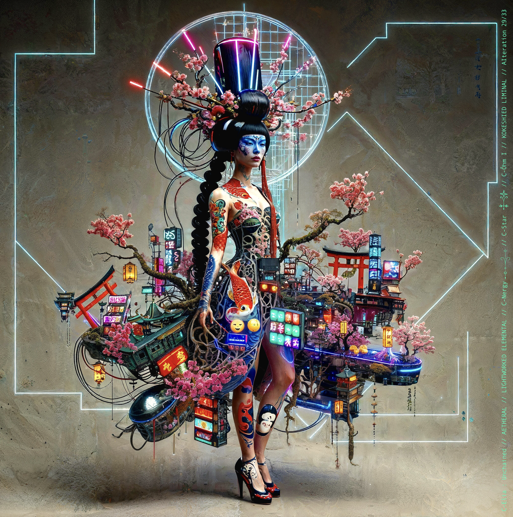 Surreal haute meta couture NFT silhouette from C-Elia: Unchained, Kokeshied Liminal, a fusion of Kyoto serenity and Shibuya light embodied in a living digital shrine.