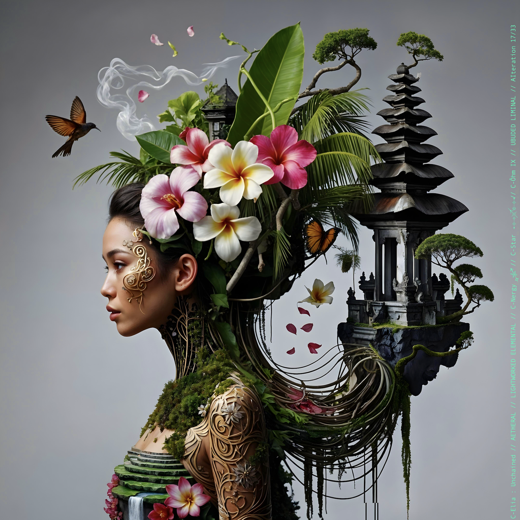 Surreal haute meta couture NFT silhouette from C Elia Unchained, Ubuded Liminal collection, merging tropical Balinese garden architecture, volcanic stone, drifting petals, incense smoke and sacred botanical couture inspired by Asian Dub Foundation’s “Witness.”