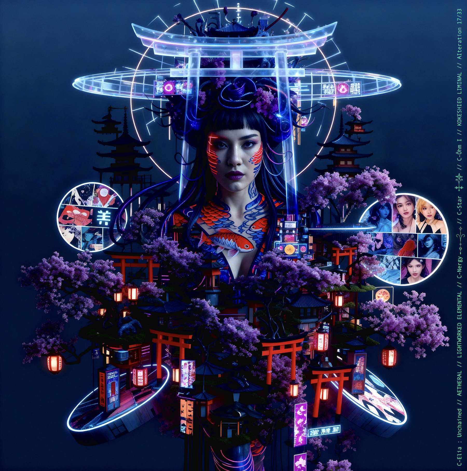 Surreal haute meta couture NFT silhouette from C-Elia: Unchained, Kokeshied Liminal, a fusion of Kyoto serenity and Shibuya light embodied in a living digital shrine.