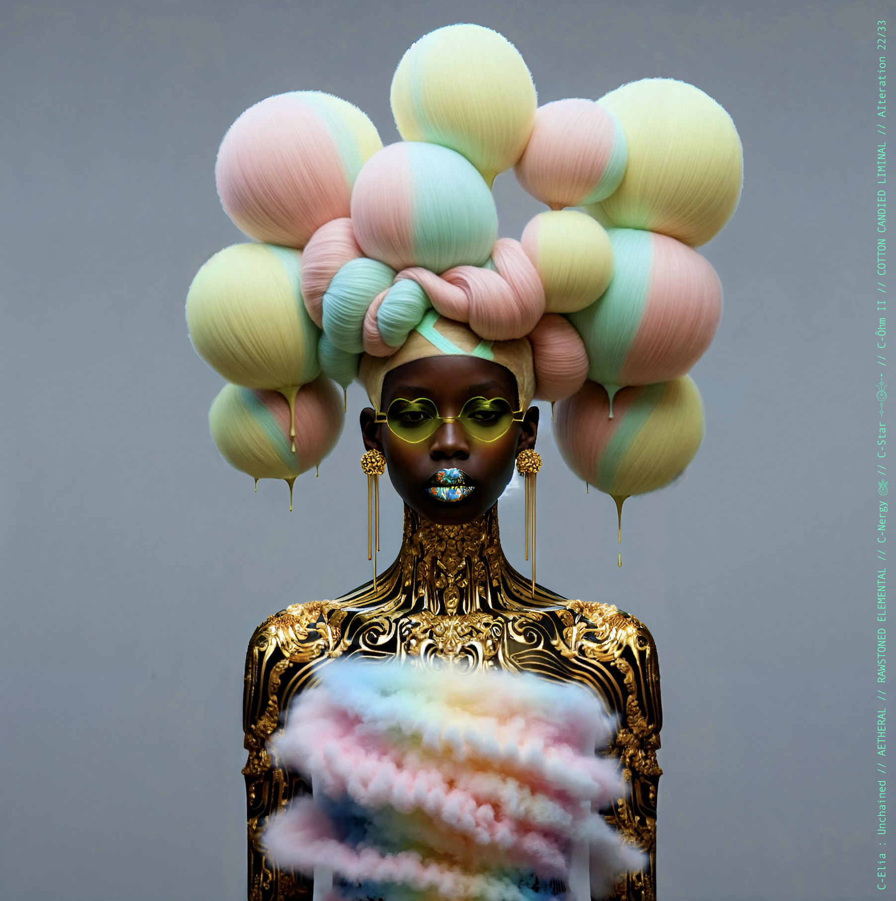 Surreal haute meta couture NFT silhouette from C Elia: Unchained, Cotton Candied Liminal collection, inspired by pastel cotton candy clouds and Khmer gold tattoos, merging sweetness, rebellion and couture into a living vaporous sculpture.