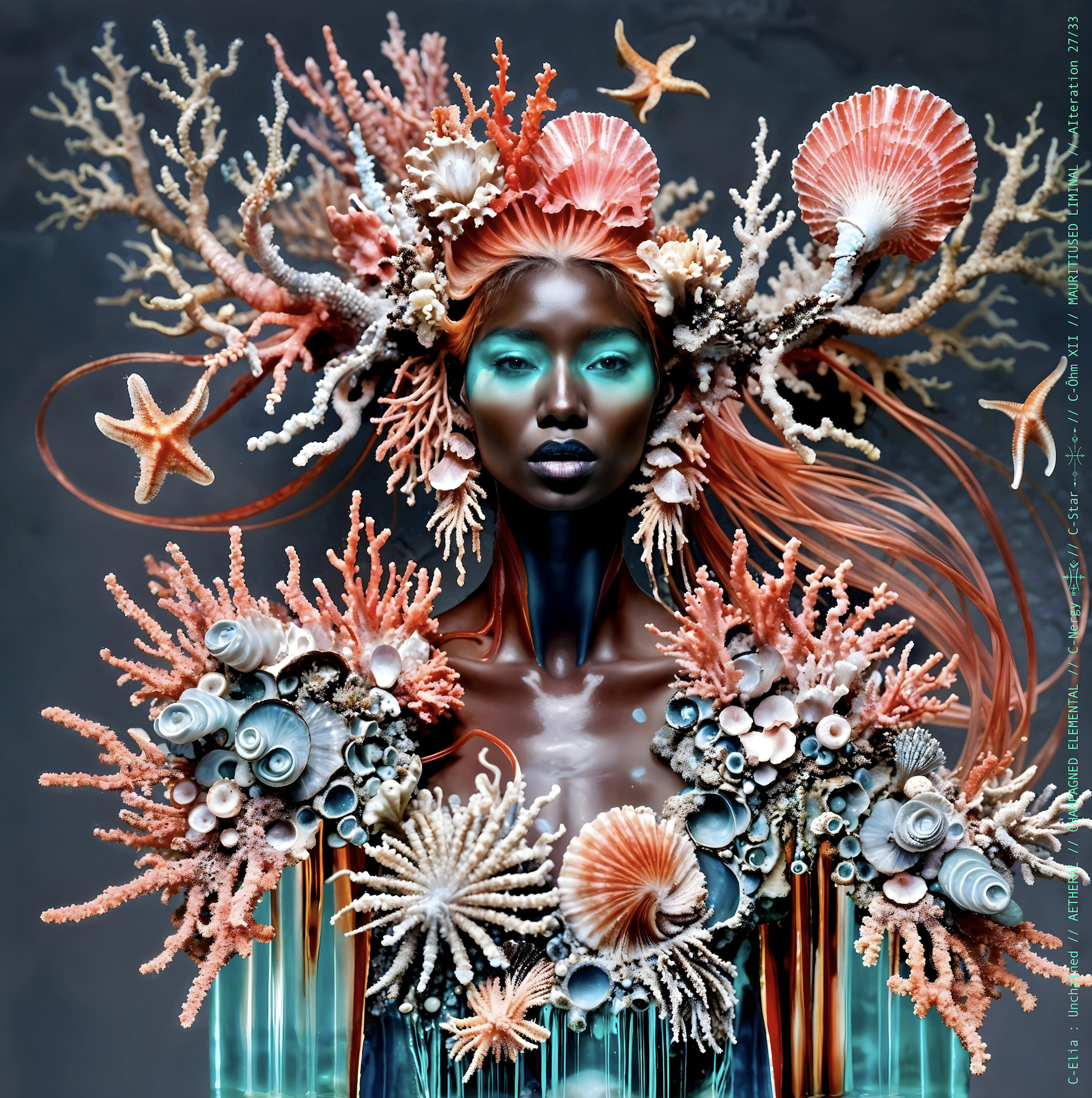Surreal haute meta couture NFT silhouette from C-Elia: Unchained, Mauritiused Liminal collection, inspired by coral reefs and marine architecture, merging water, light and couture into a floating living sculpture
