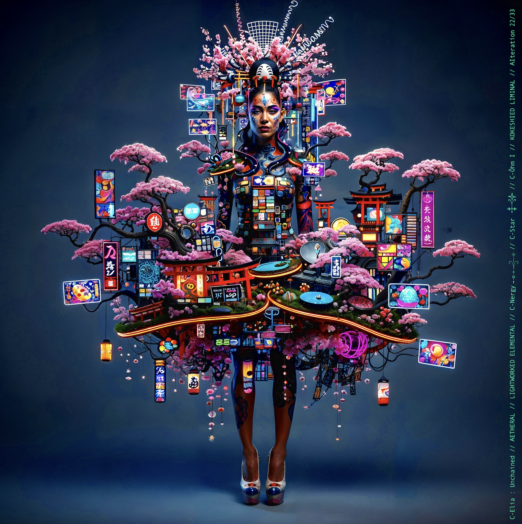 Surreal haute meta couture NFT silhouette from C-Elia: Unchained, Kokeshied Liminal, a fusion of Kyoto serenity and Shibuya light embodied in a living digital shrine.