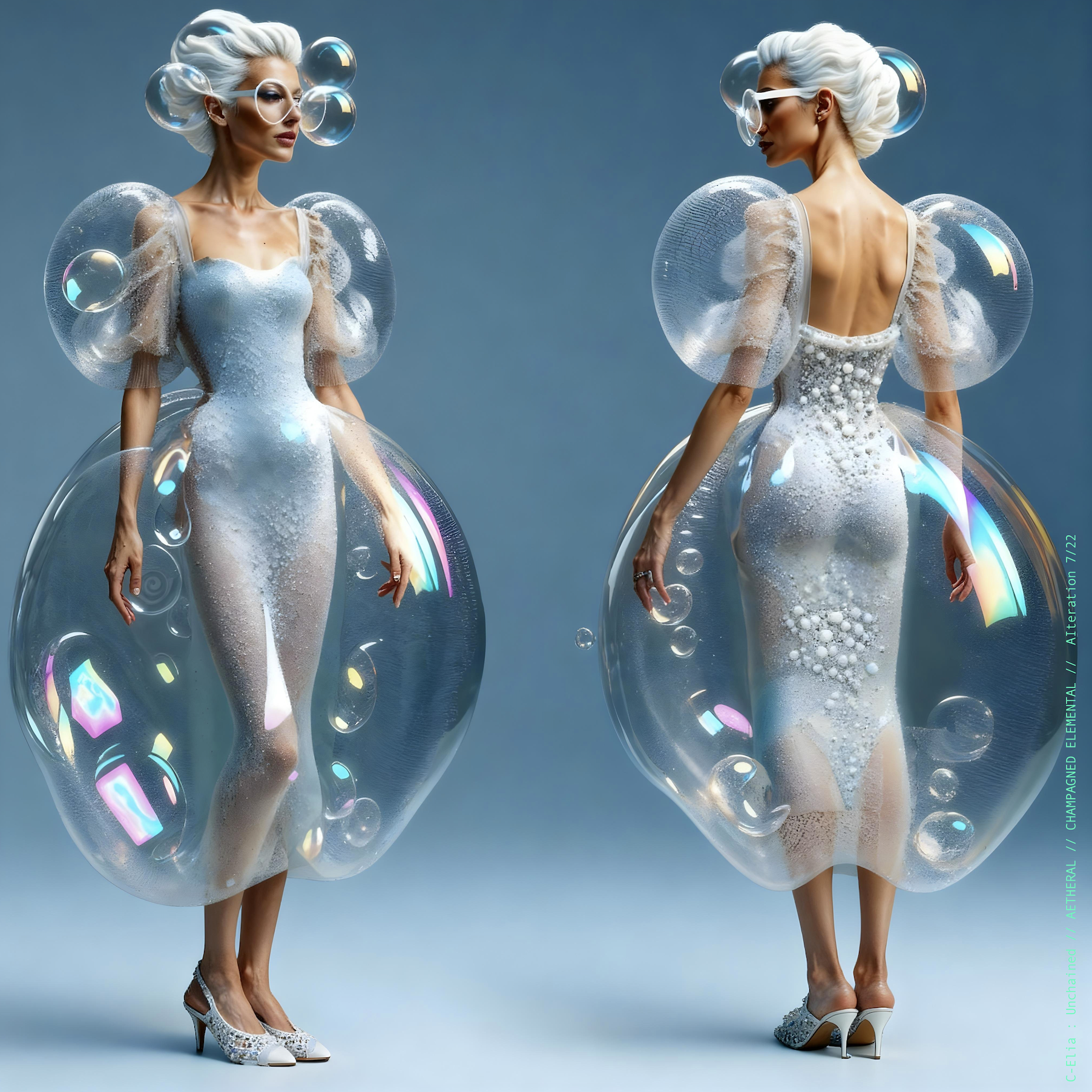 Surreal haute meta couture NFT silhouette from C Elia Unchained, Champagned Elemental collection, formed from transparent champagne bubbles, liquid cascades and retro futuristic white wave hair sculpted into effervescent couture.