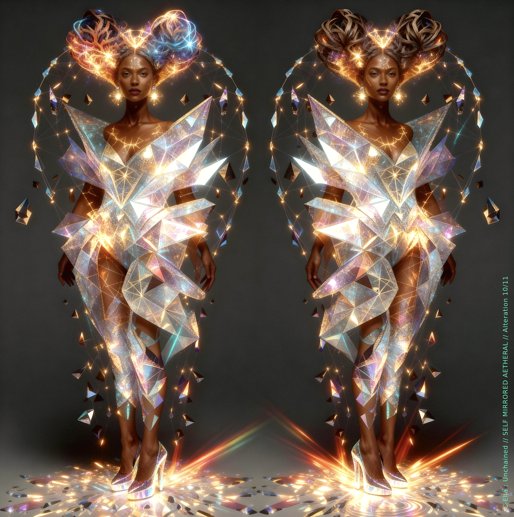 Surreal haute meta couture NFT silhouette from C Elia Unchained, Self Mirrored Aetheral collection, merging sacred geometry, plasma light, spectral prisms and refracted fire into a multidimensional couture structure inspired by M I A’s Bells Collection mixtape.