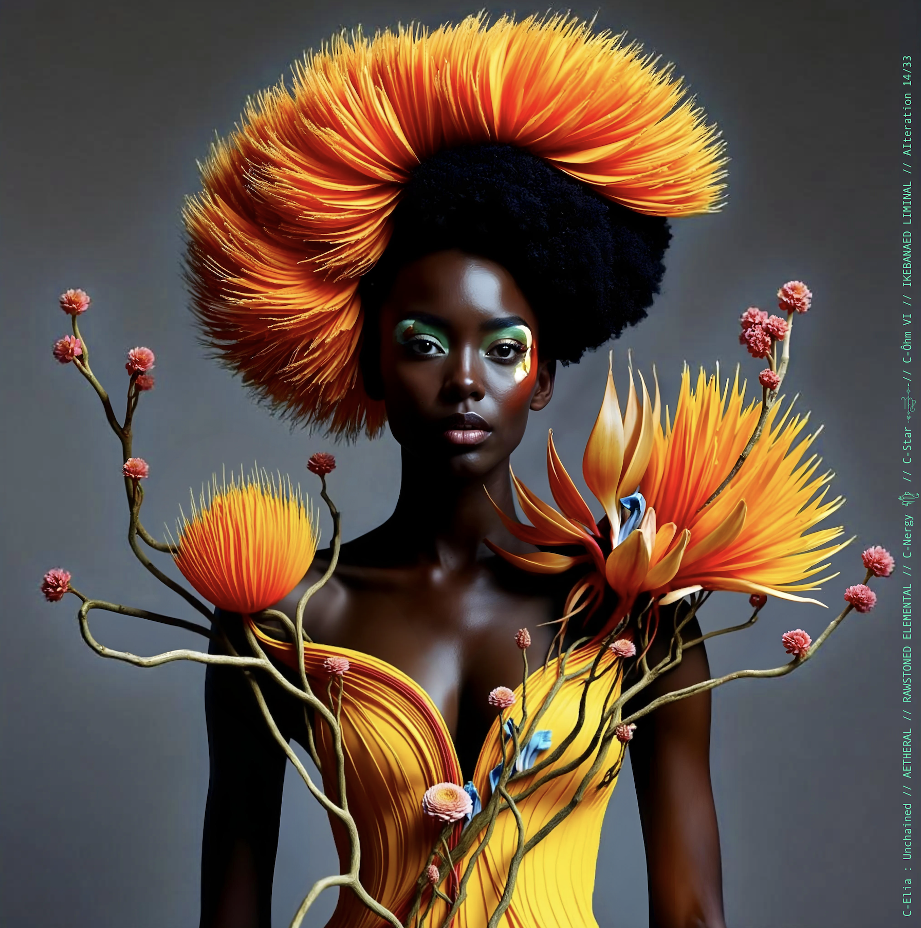 Surreal haute meta couture NFT silhouette from C-Elia: Unchained, Ikebanaed Liminal collection, inspired by floral architecture and Japanese composition, merging nature, geometry and serenity into a living couture sculpture.