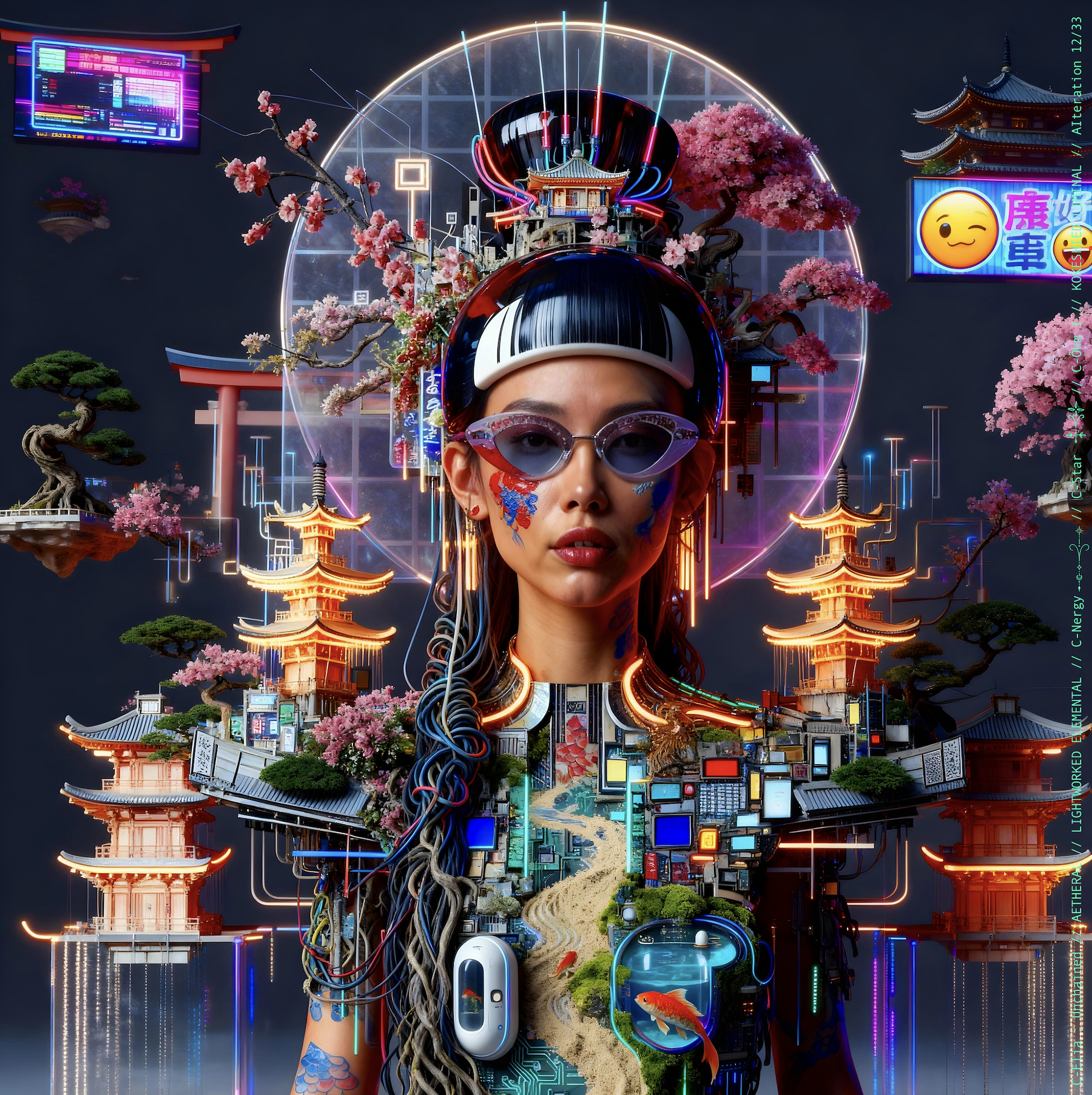 Surreal haute meta couture NFT silhouette from C-Elia: Unchained, Kokeshied Liminal, a fusion of Kyoto serenity and Shibuya light embodied in a living digital shrine.