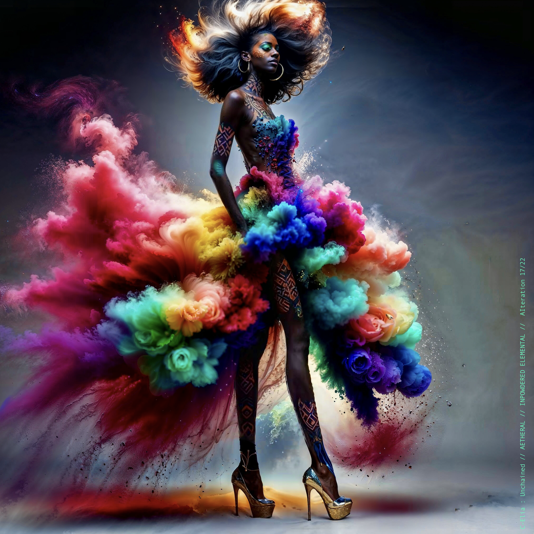 Surreal haute meta couture NFT silhouette from C Elia Unchained, Impowdered Elemental collection, formed from airborne rainbow powders, vaporous chromatic clouds and wind-sculpted avant garde couture.