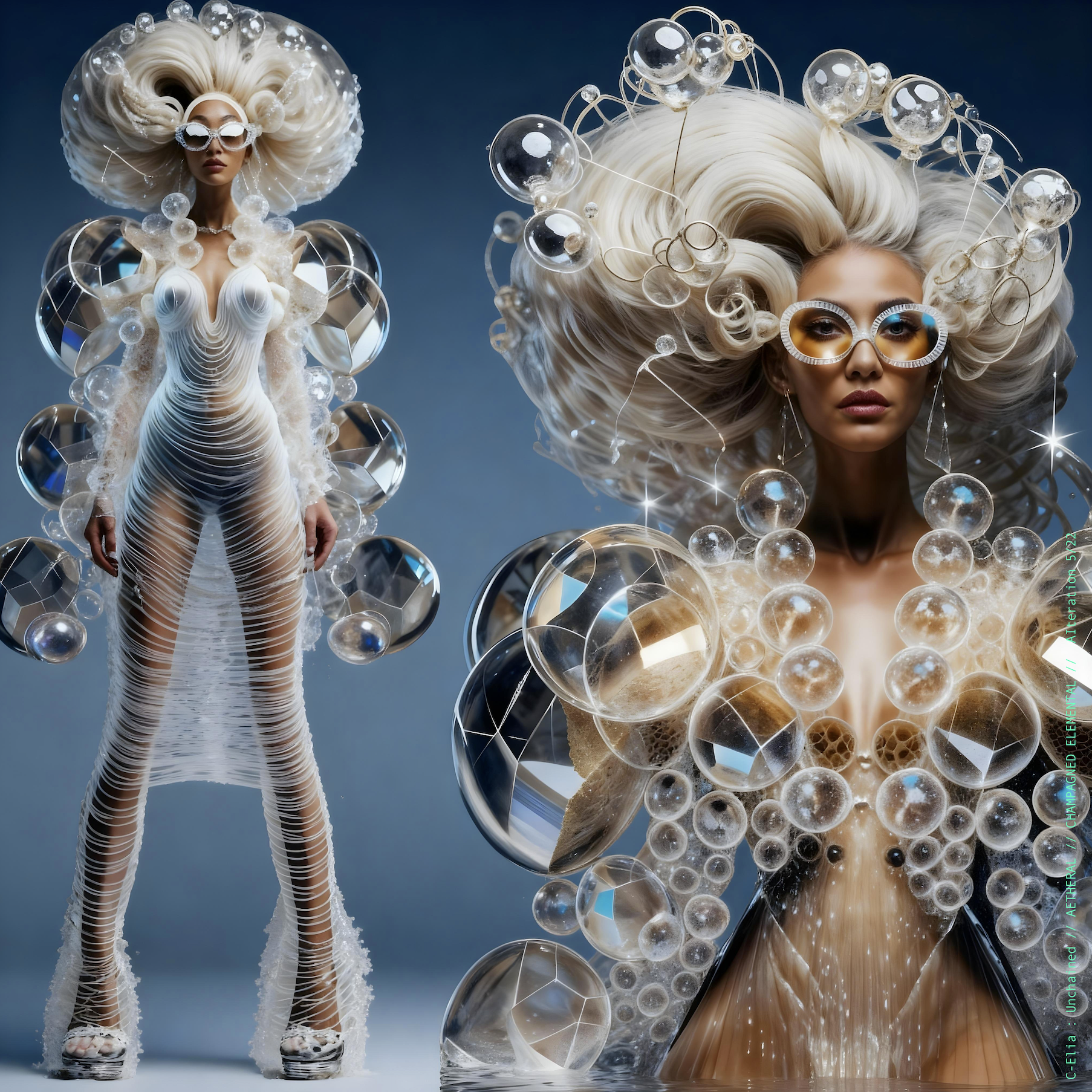 Surreal haute meta couture NFT silhouette from C Elia Unchained, Champagned Elemental collection, formed from transparent champagne bubbles, liquid cascades and retro futuristic white wave hair sculpted into effervescent couture.